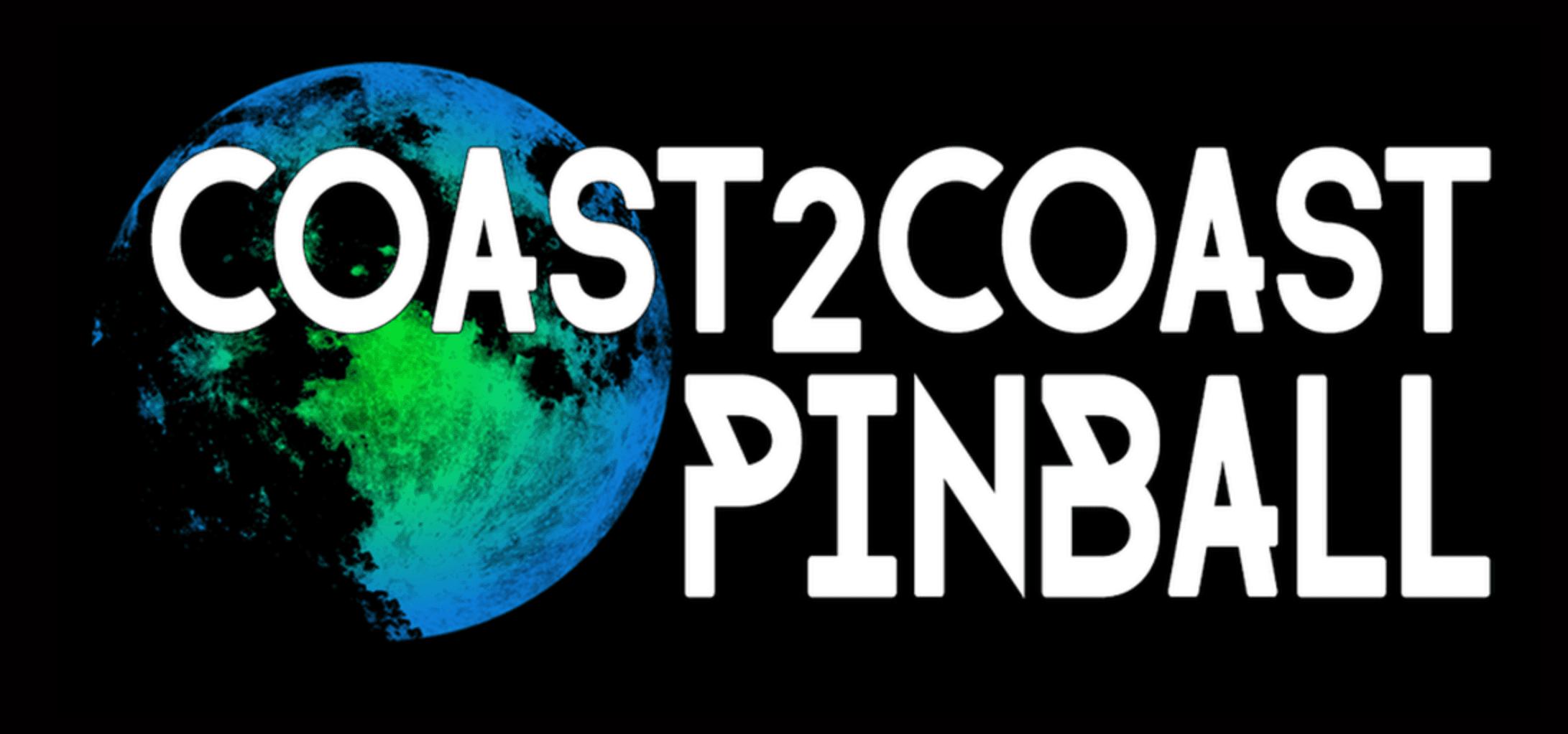 Coast 2 Coast Pinball logo with colorful globe on black background