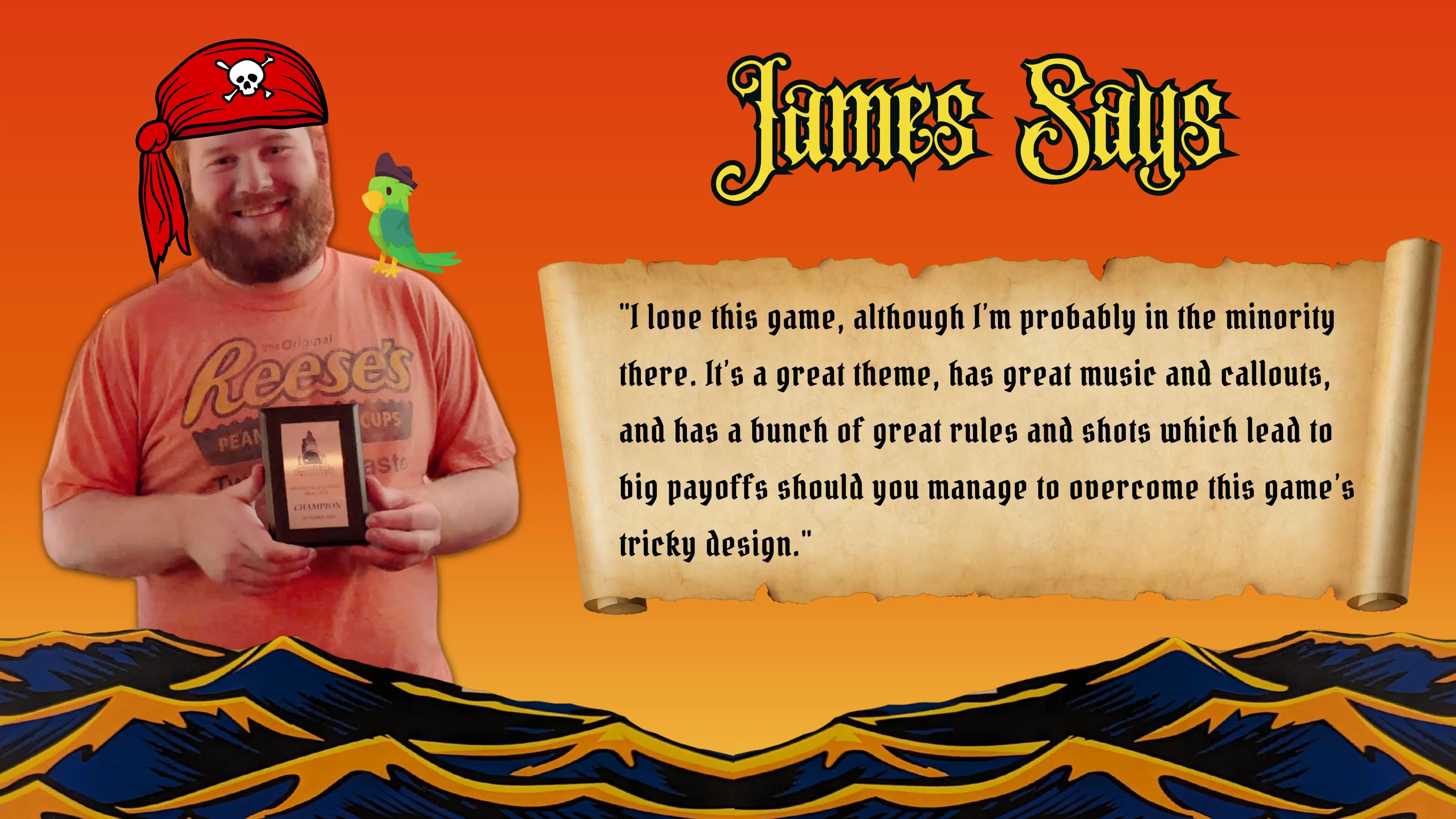 Bearded man in pirate hat praises game with parrot and review scroll