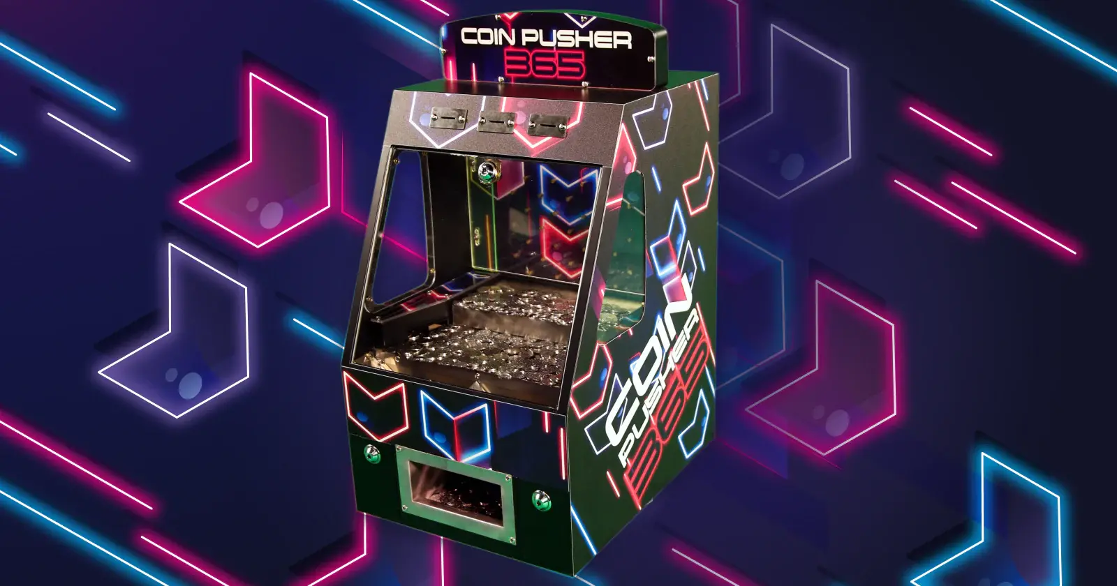 Coin Pusher 365 arcade machine with neon geometric background