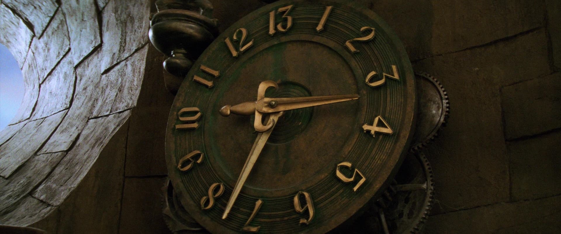 Vintage clock with golden numbers on a textured wall background