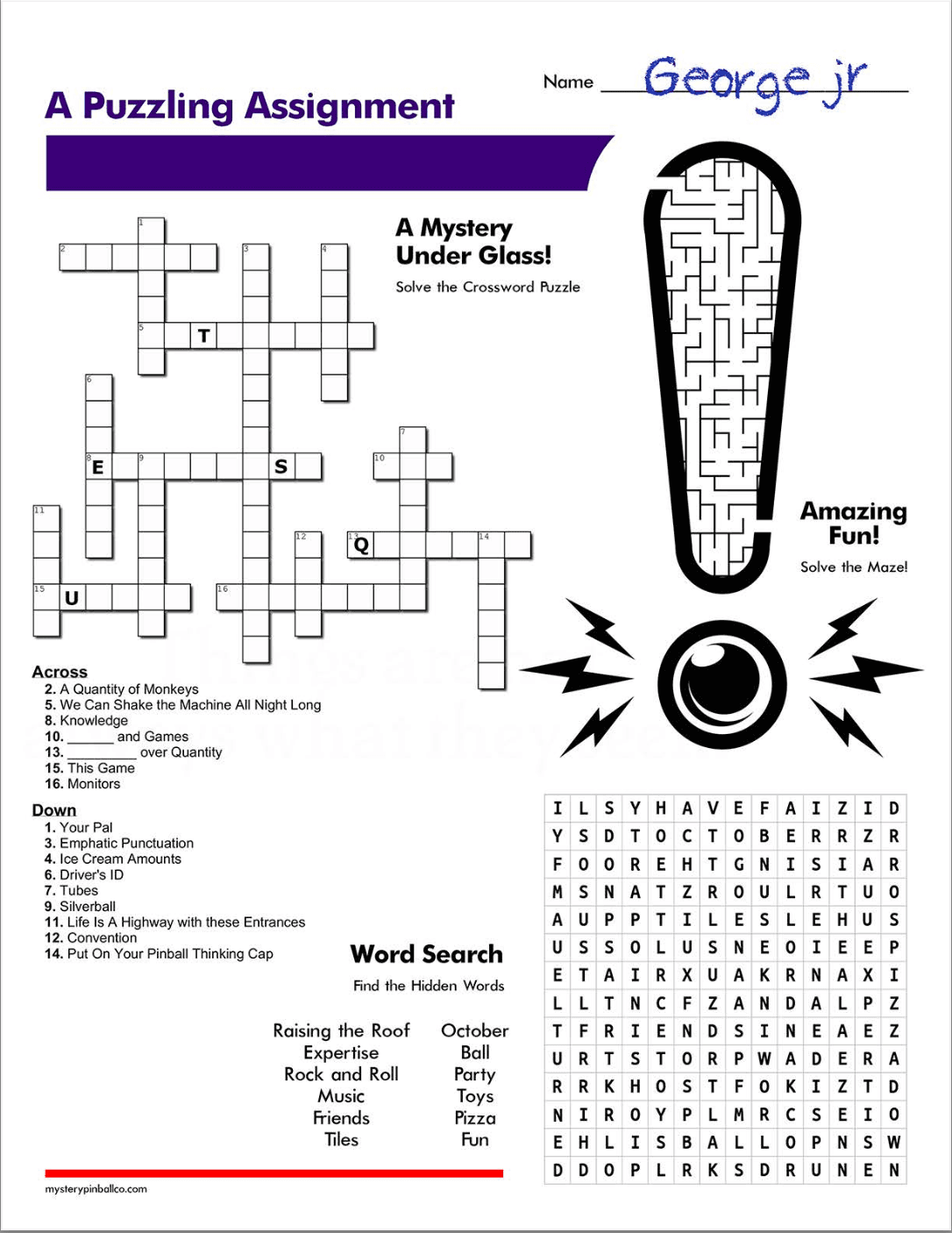 Puzzle page with crossword, maze, and word search activities