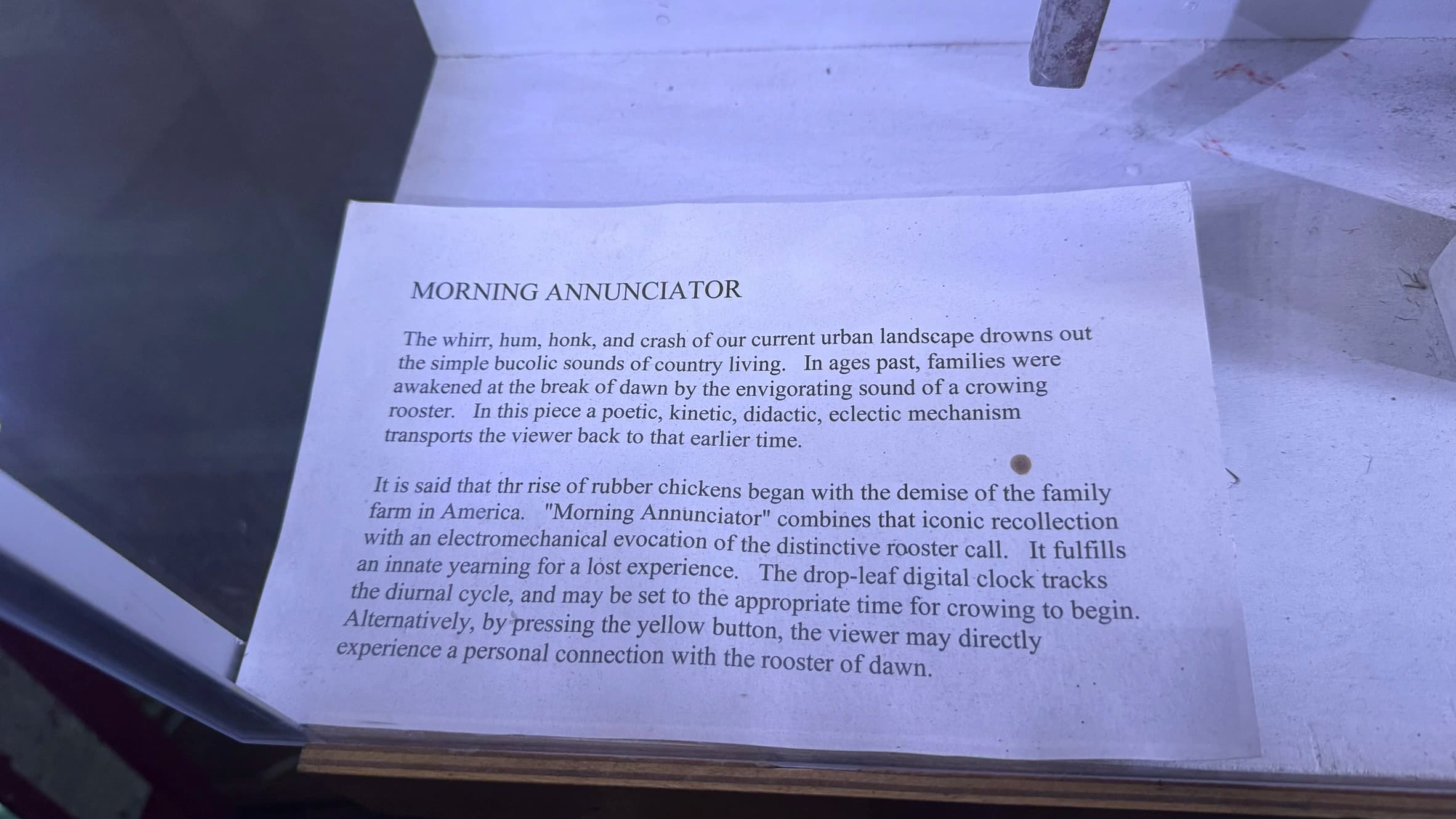 Morning Annunciator description with text about roosters and digital clock