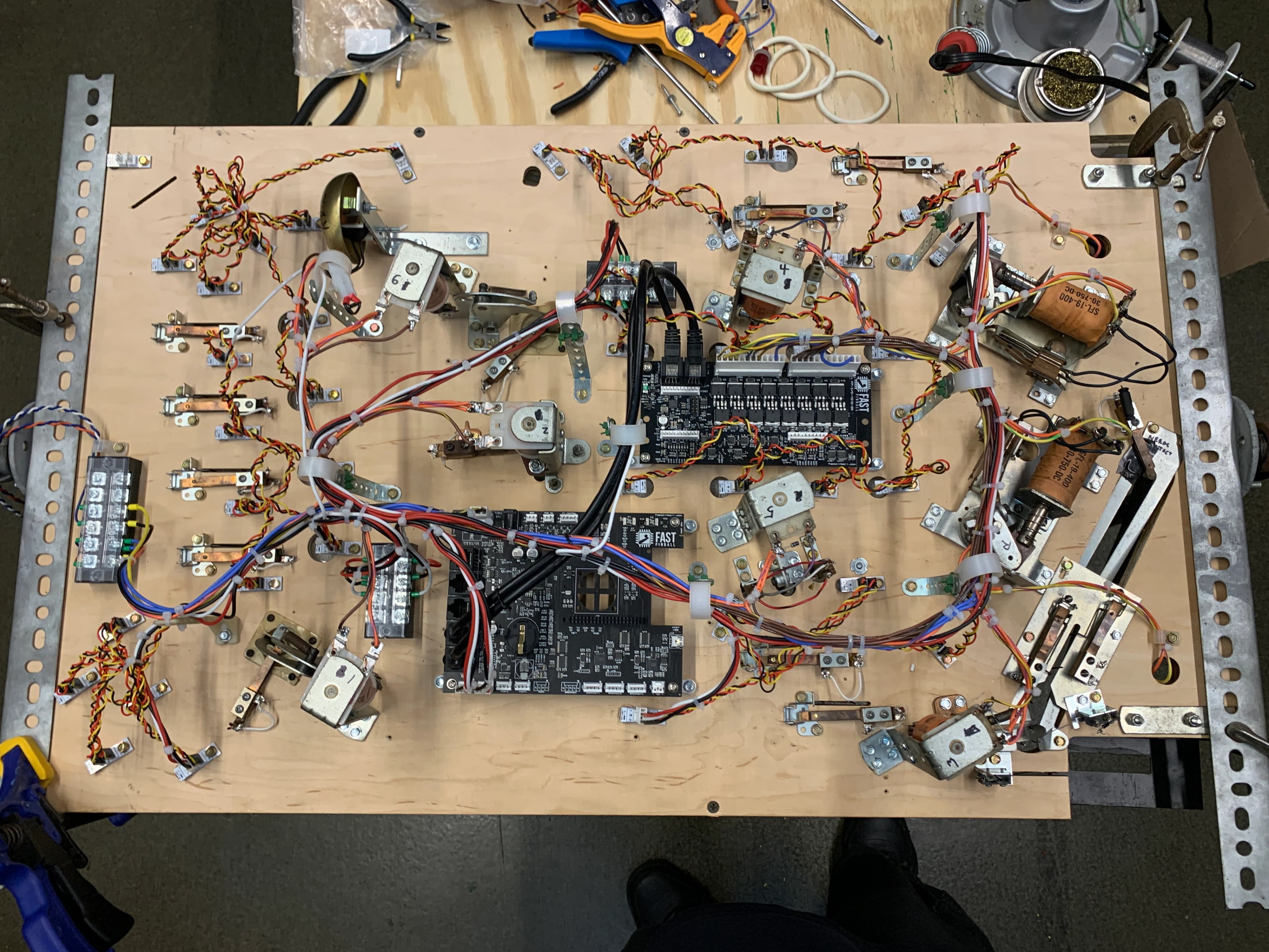 Complex electronic circuit board with multiple components and colorful wiring