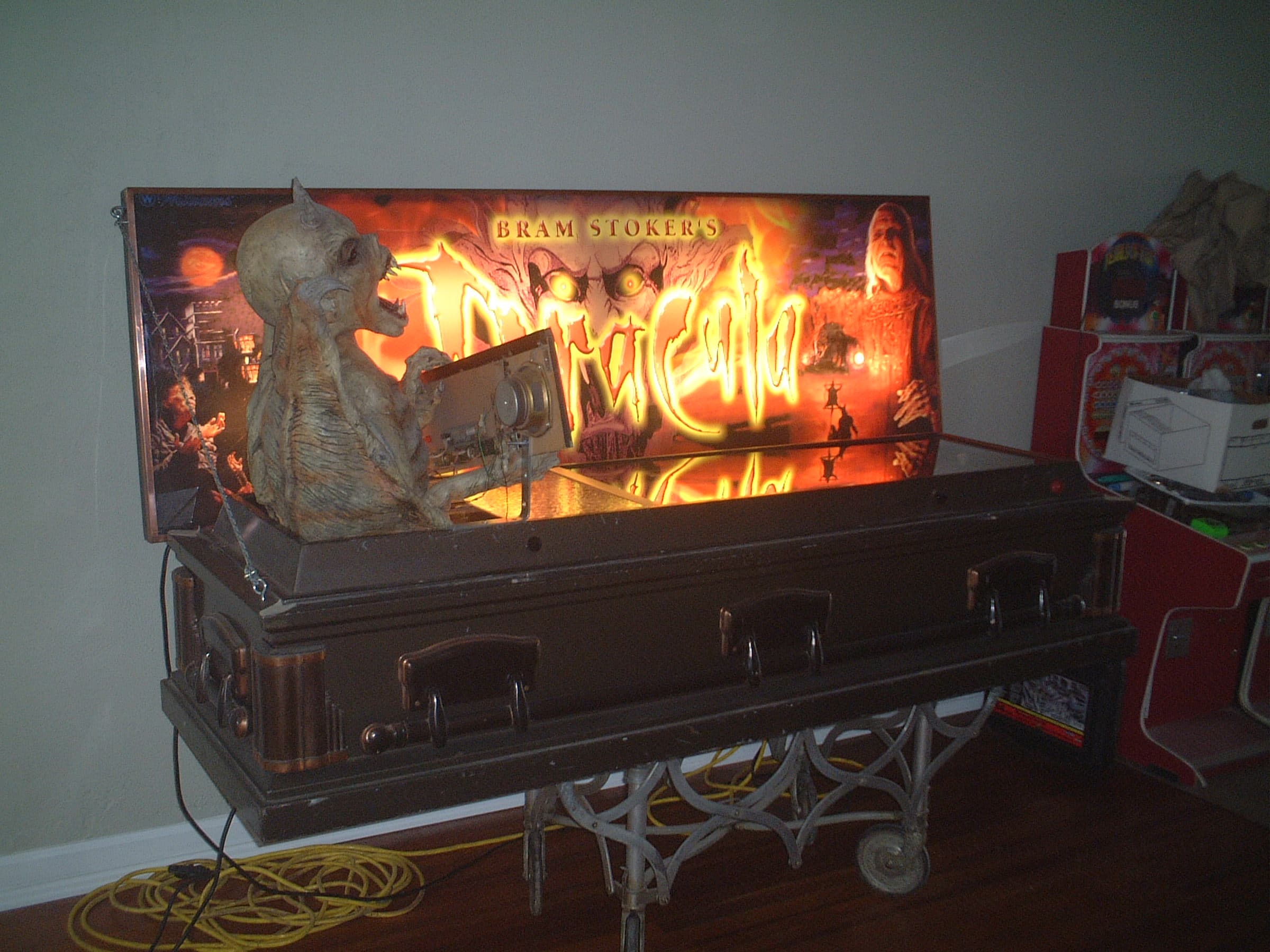 Bram Stoker's Dracula display with creepy figure on illuminated coffin stand