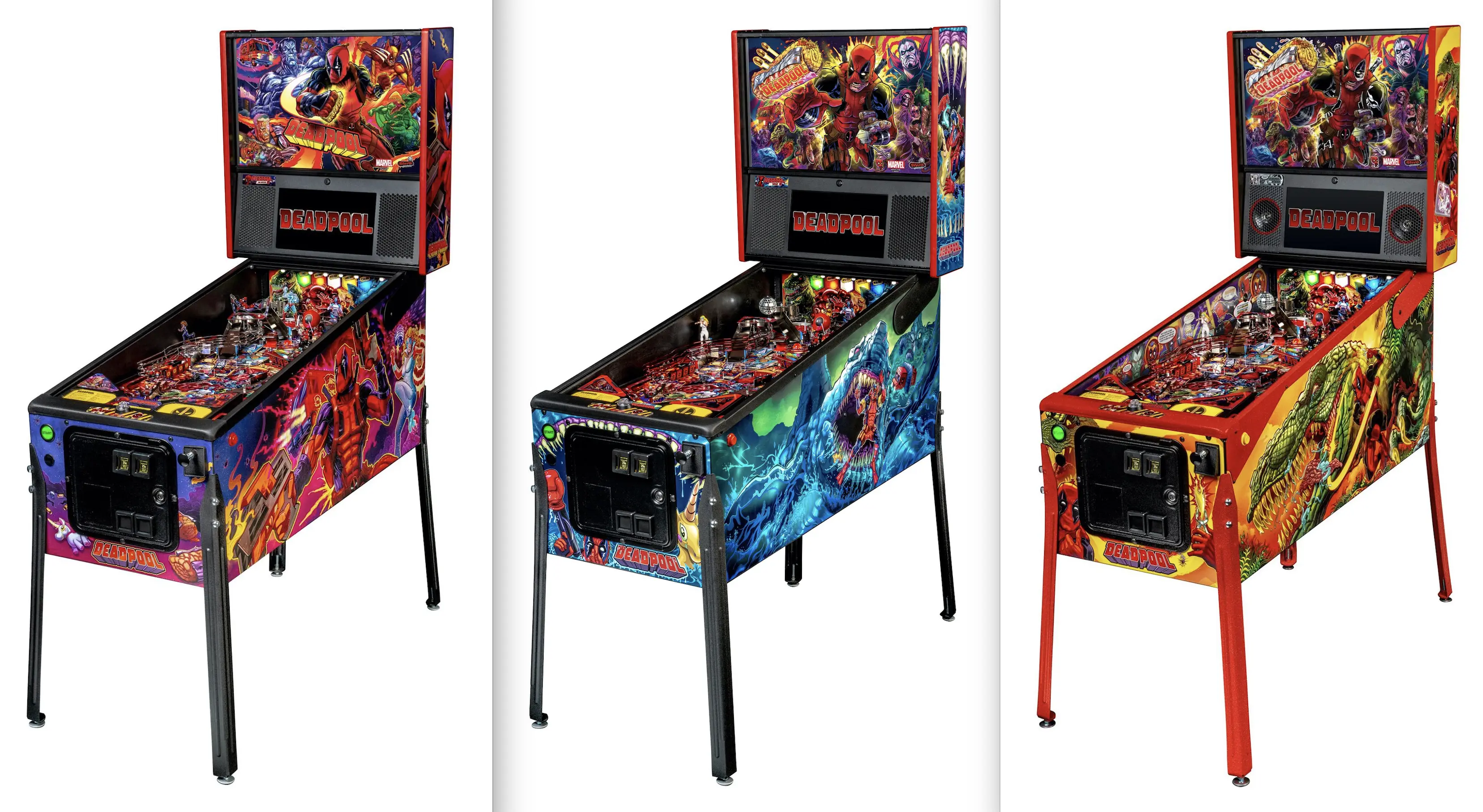 Deadpool pinball machine with colorful Marvel-themed artwork and variations