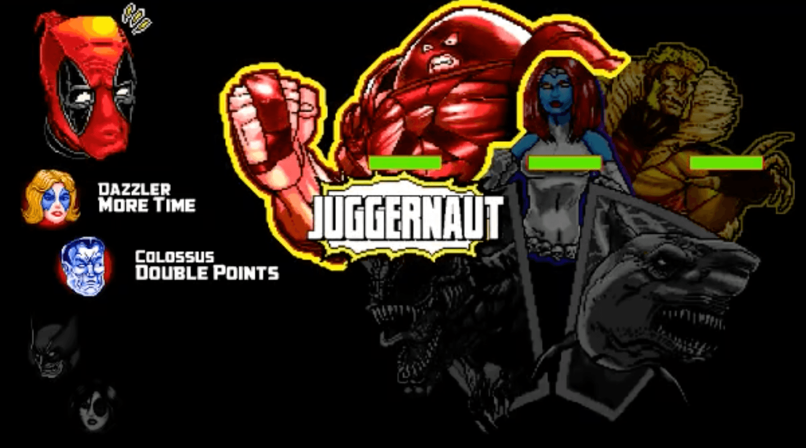 Pixel art of Juggernaut and X-Men characters in fighting game screen