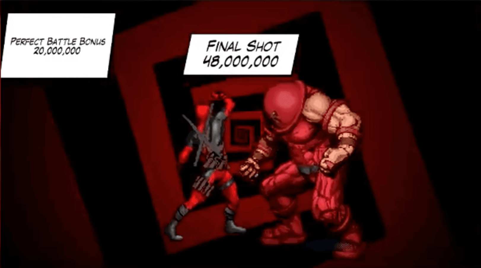 Red costumed character defeats opponent with high-scoring final shot