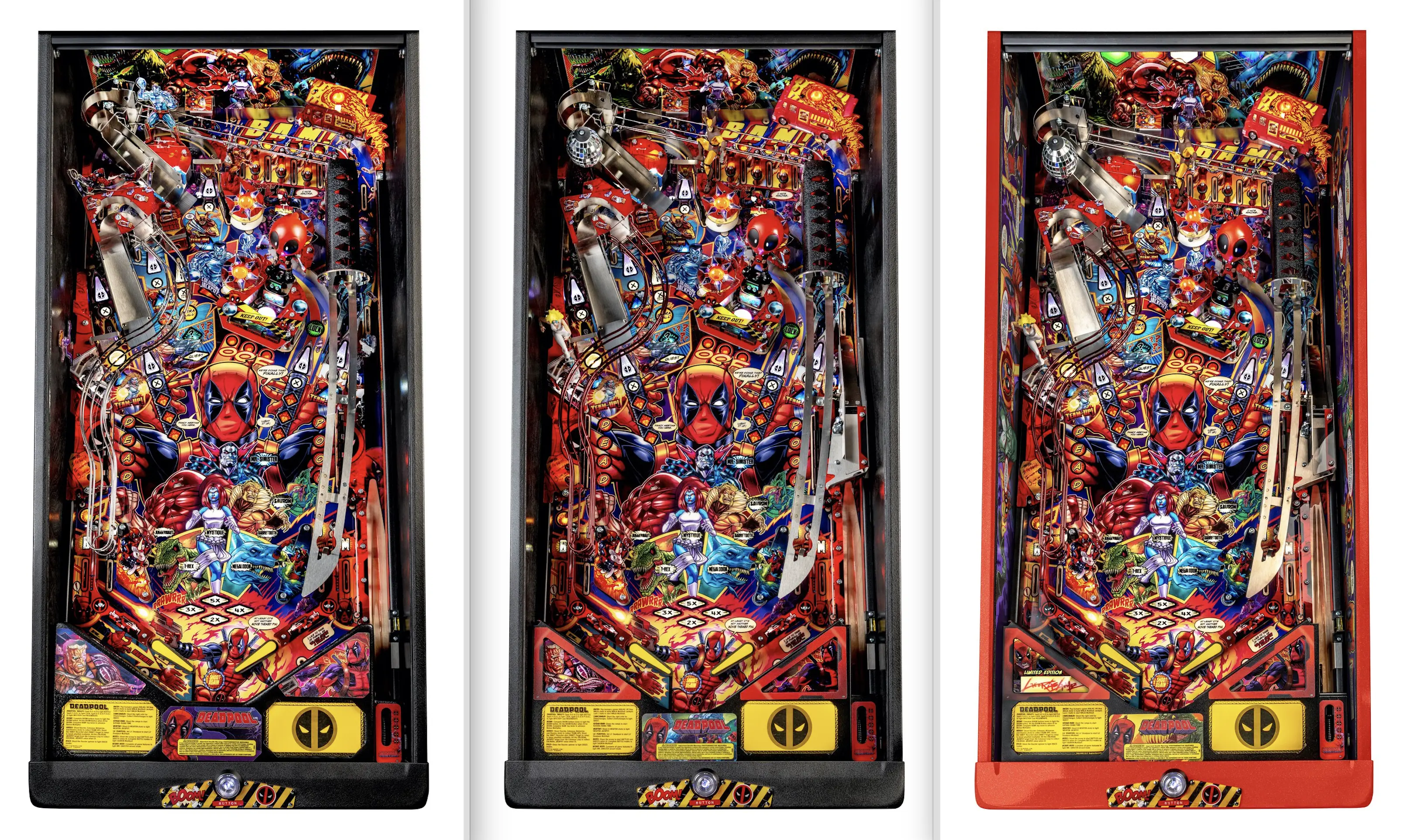 Deadpool-themed pinball machine with colorful comic book-style artwork and characters