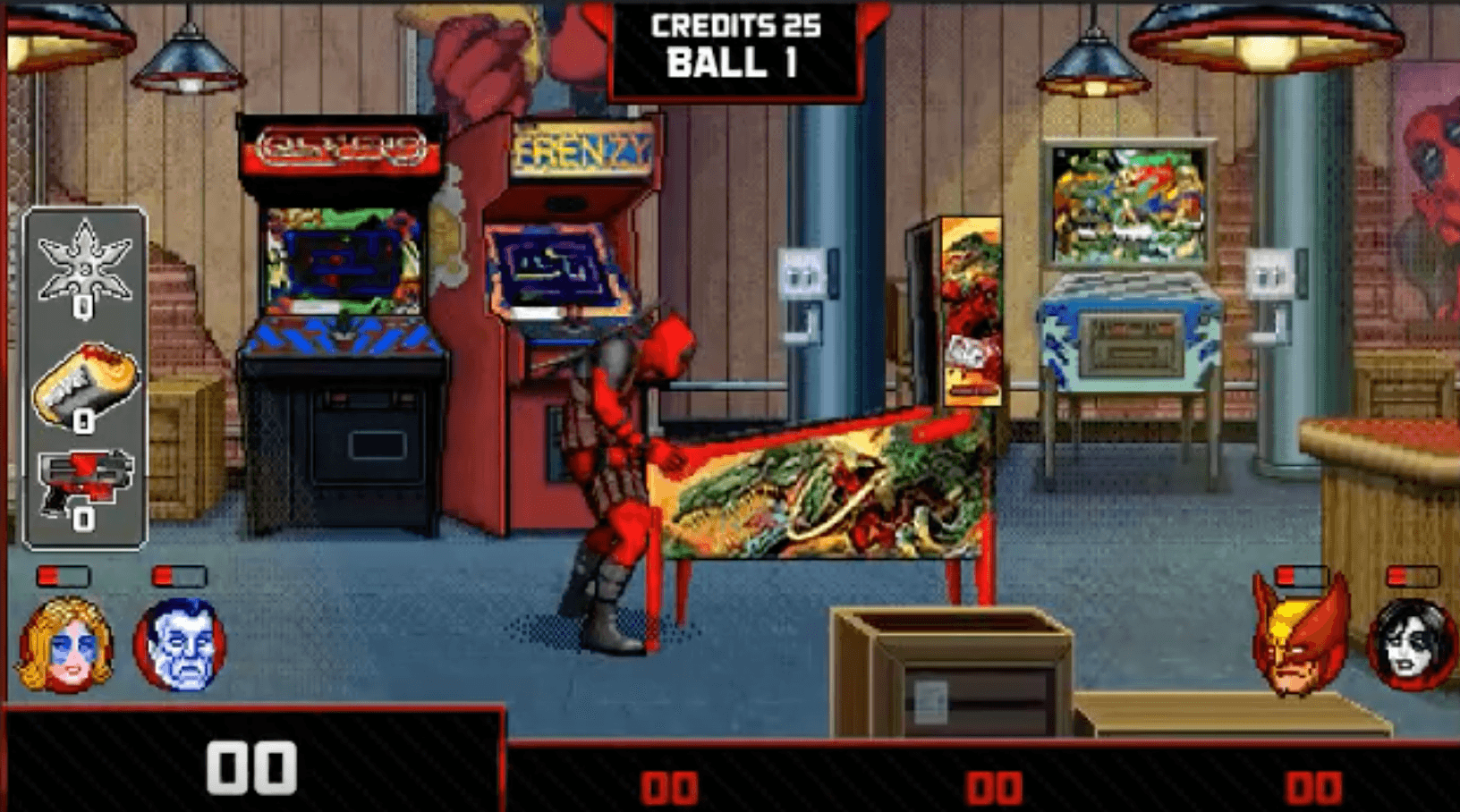 Pixel art arcade scene with superhero character near vintage game machines