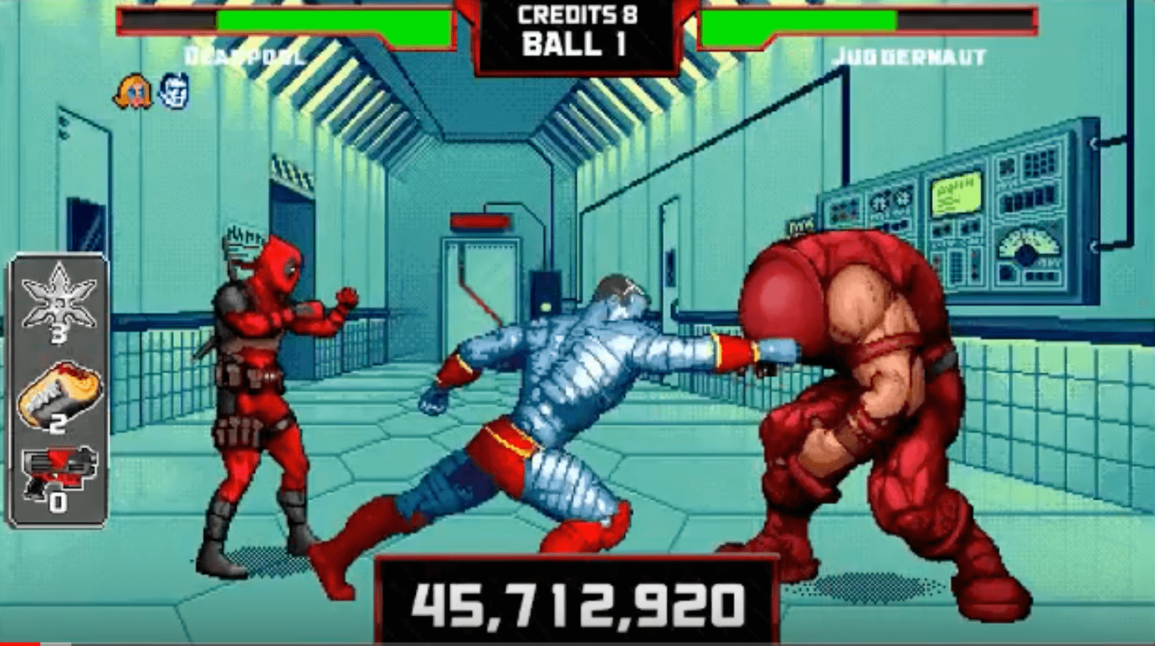 Deadpool fights Juggernaut in retro pixel fighting game screenshot