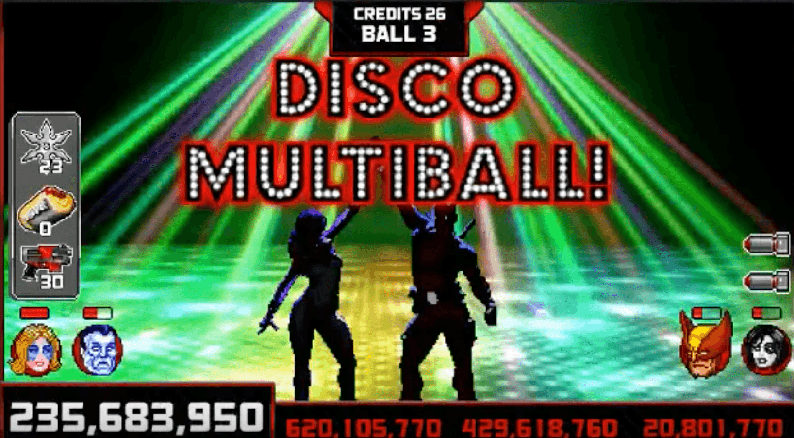 Disco Multiball game screen with silhouetted characters on colorful dance floor