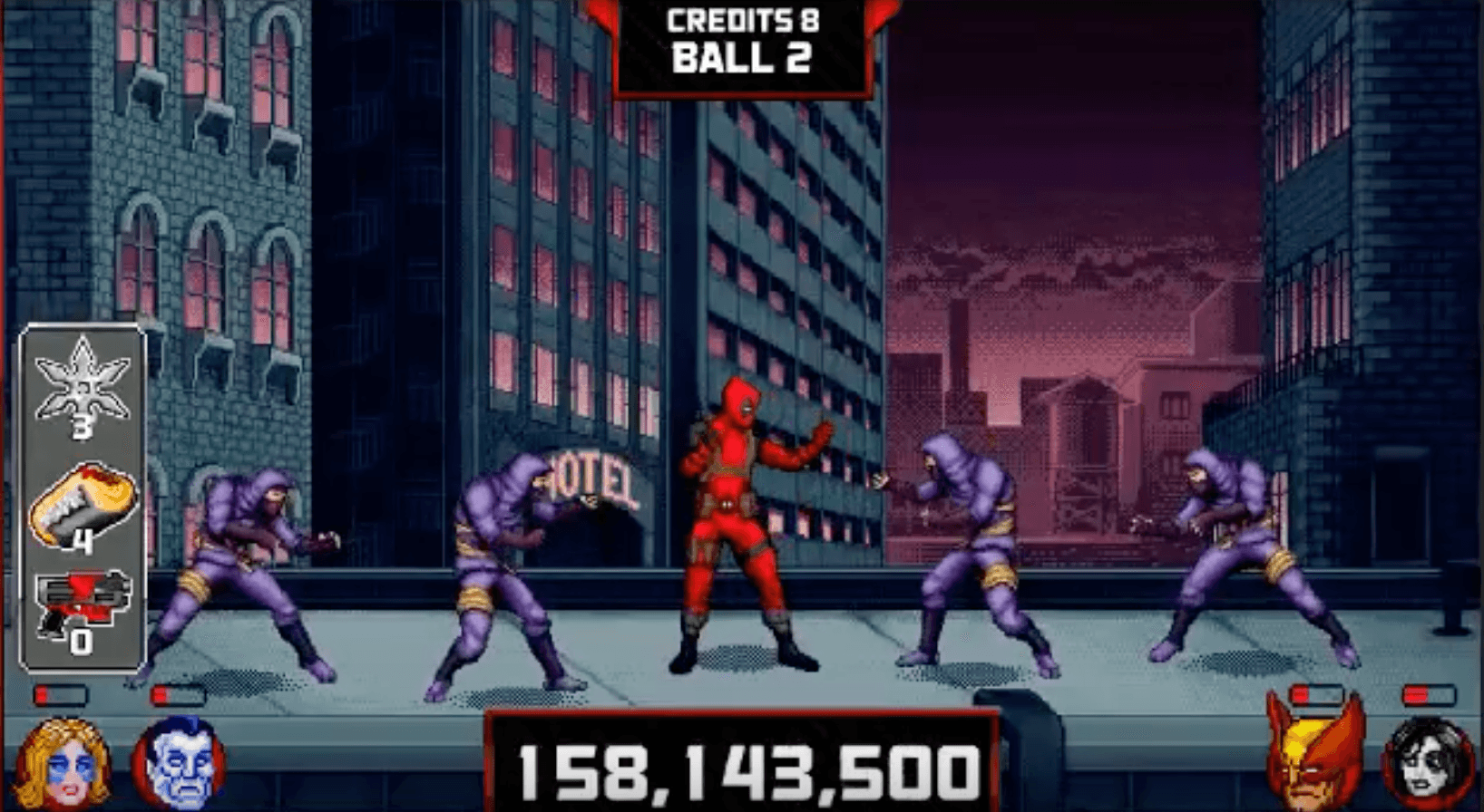 Deadpool fighting purple ninjas in a pixelated side-scrolling video game