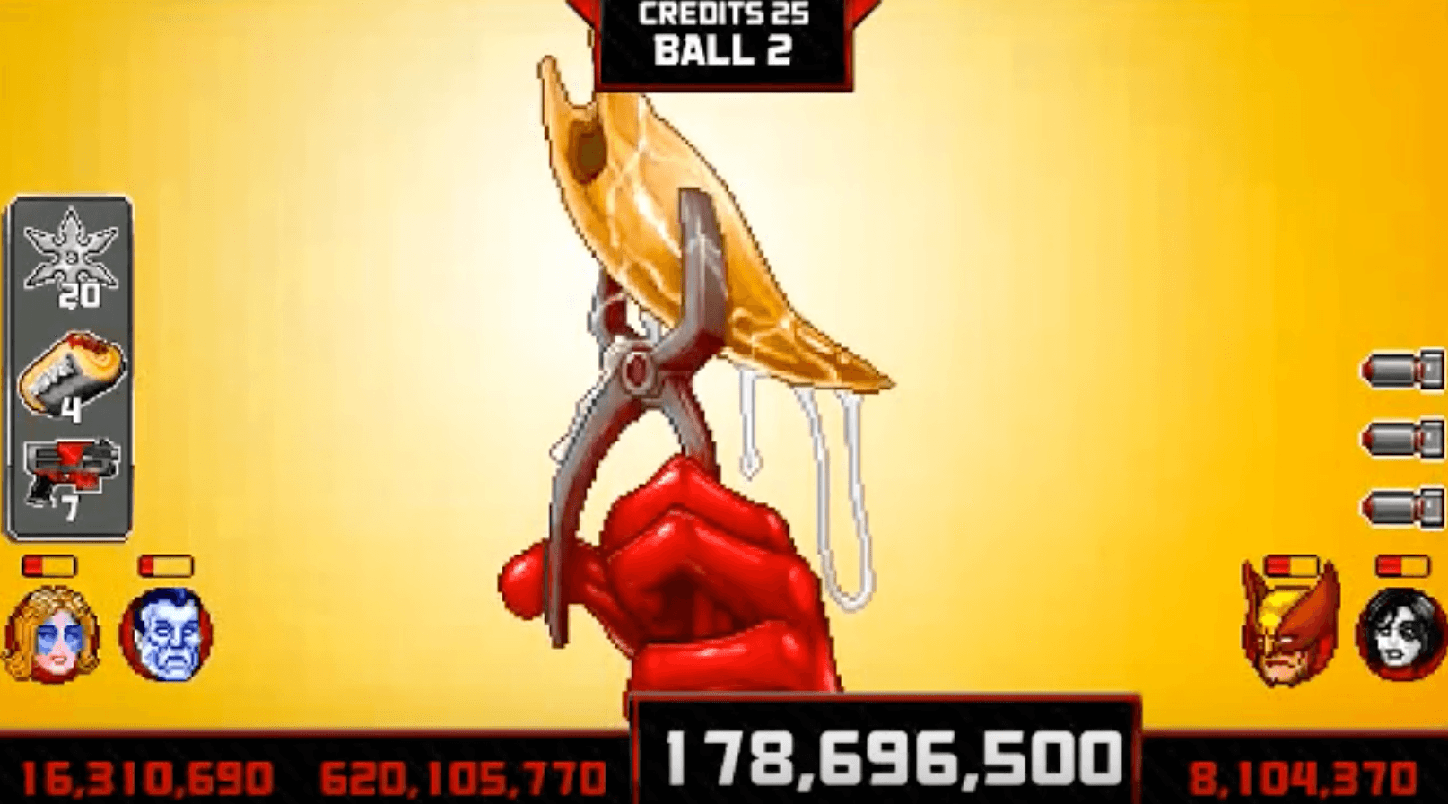 Pixel game screen with red hand holding scissors, game stats displayed
