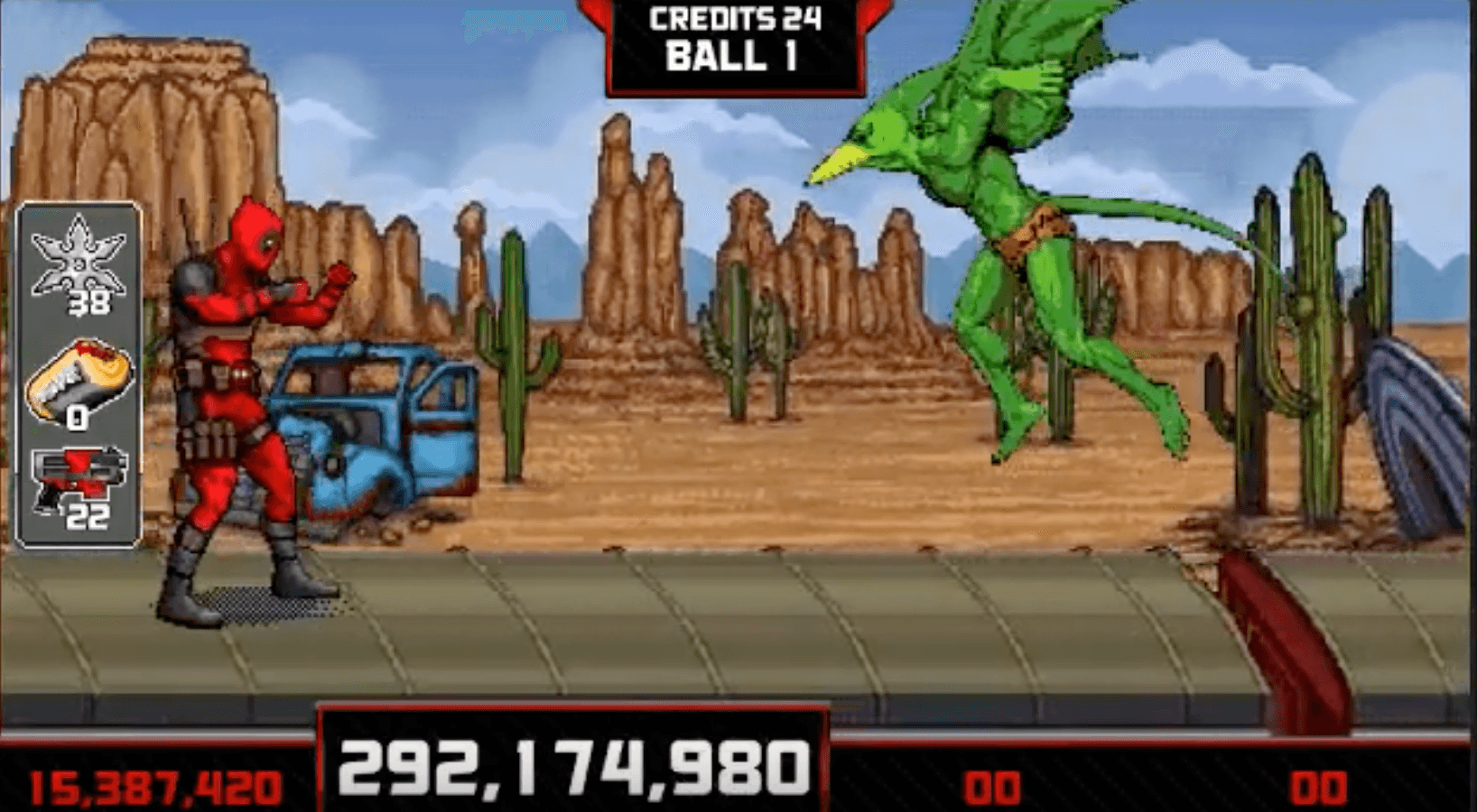 Pixel art fighting game scene with red and green characters in desert