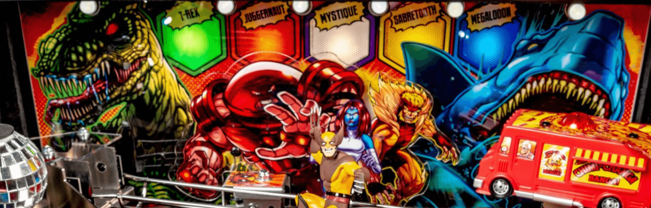 Colorful comic-style poster with dinosaurs, monsters, and superhero characters