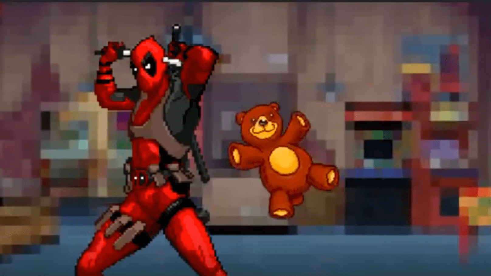 Pixel Deadpool posing with cute teddy bear in retro game style