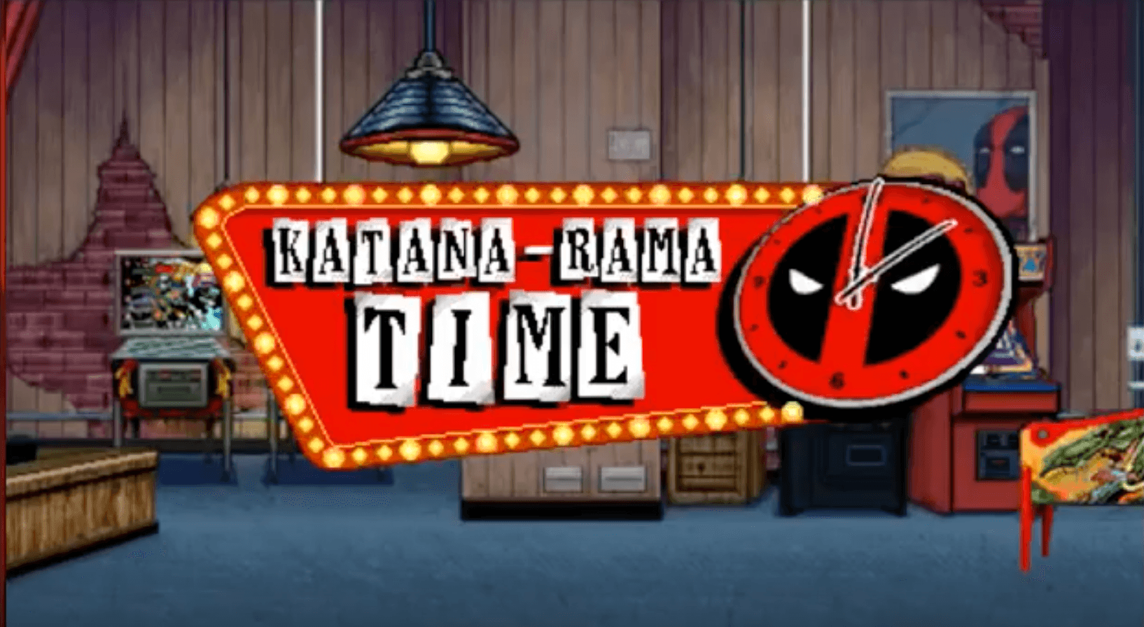 Katana-Rama Time sign with Deadpool logo in retro game show style