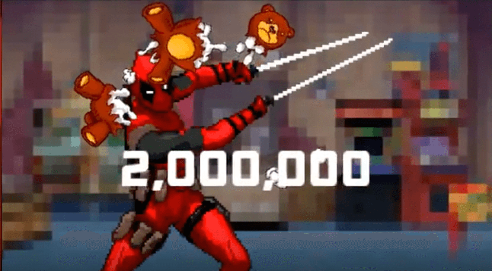 Pixel art Deadpool wielding teddy bears with 2,000,000 in background