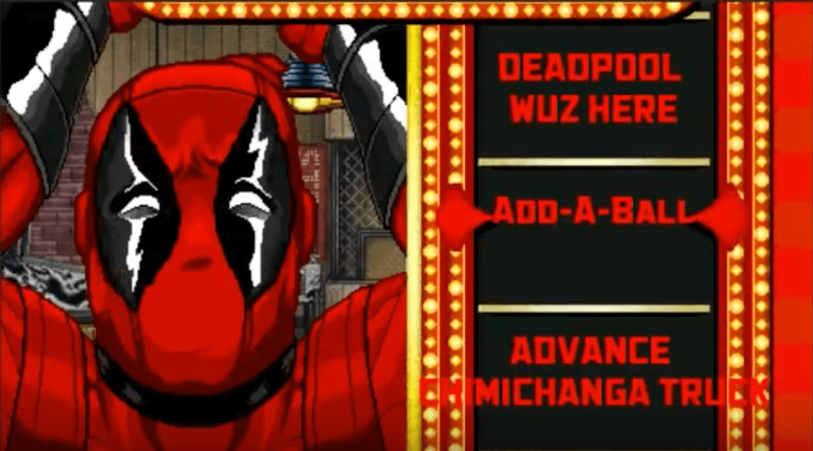 Deadpool poses in front of comic-style marquee with humorous text
