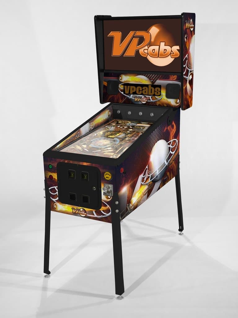 VP Cabs pinball machine with flame graphics and illuminated playfield
