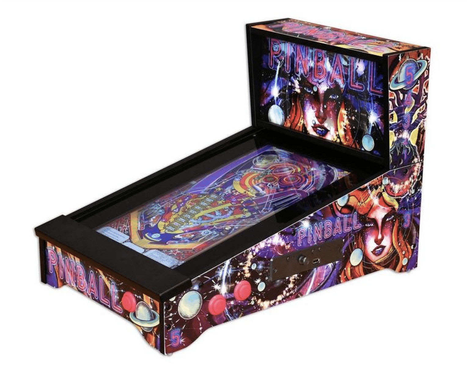 Colorful cosmic-themed pinball machine with vibrant artwork and playfield