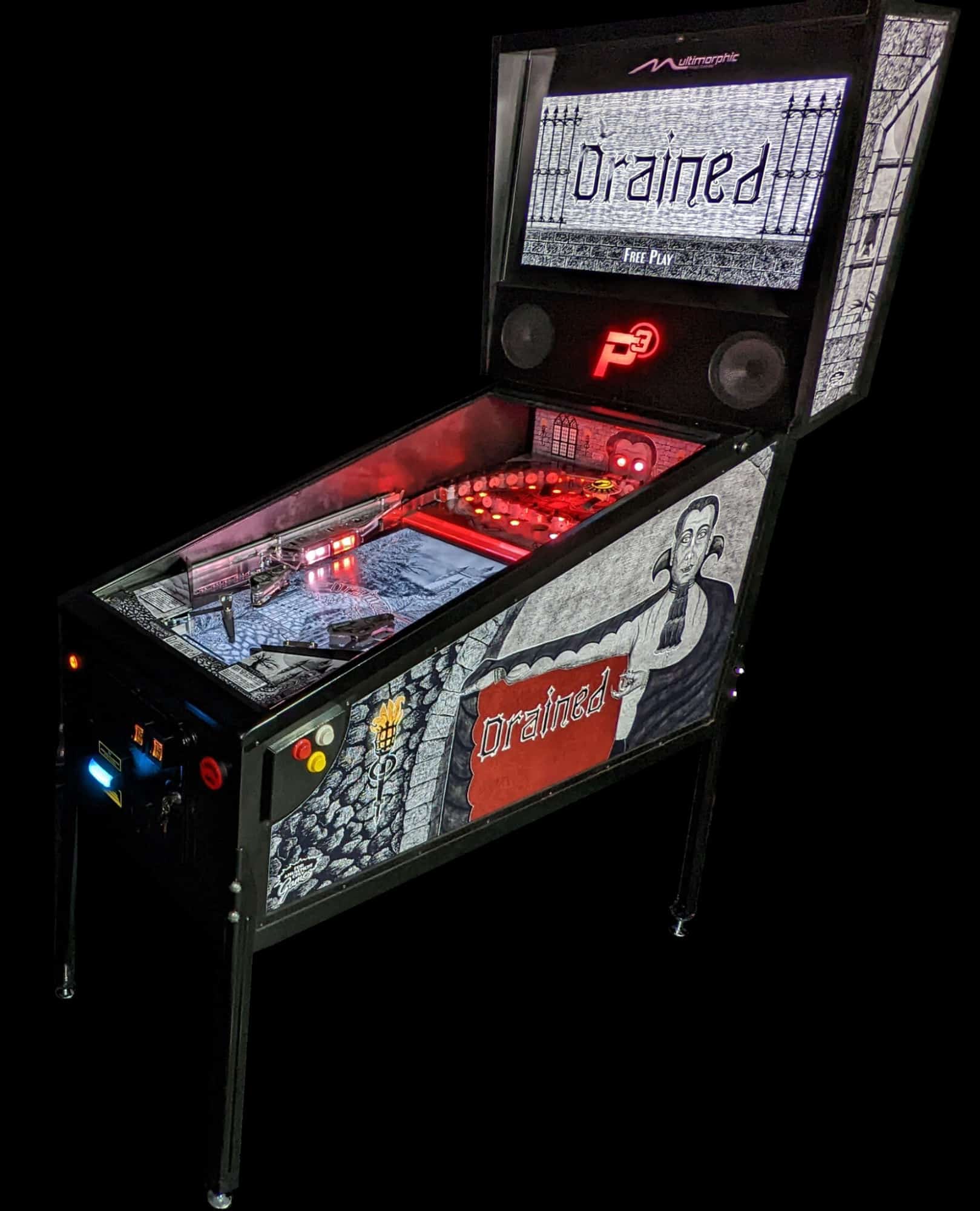 Drained pinball machine with dark graphic design and red illumination
