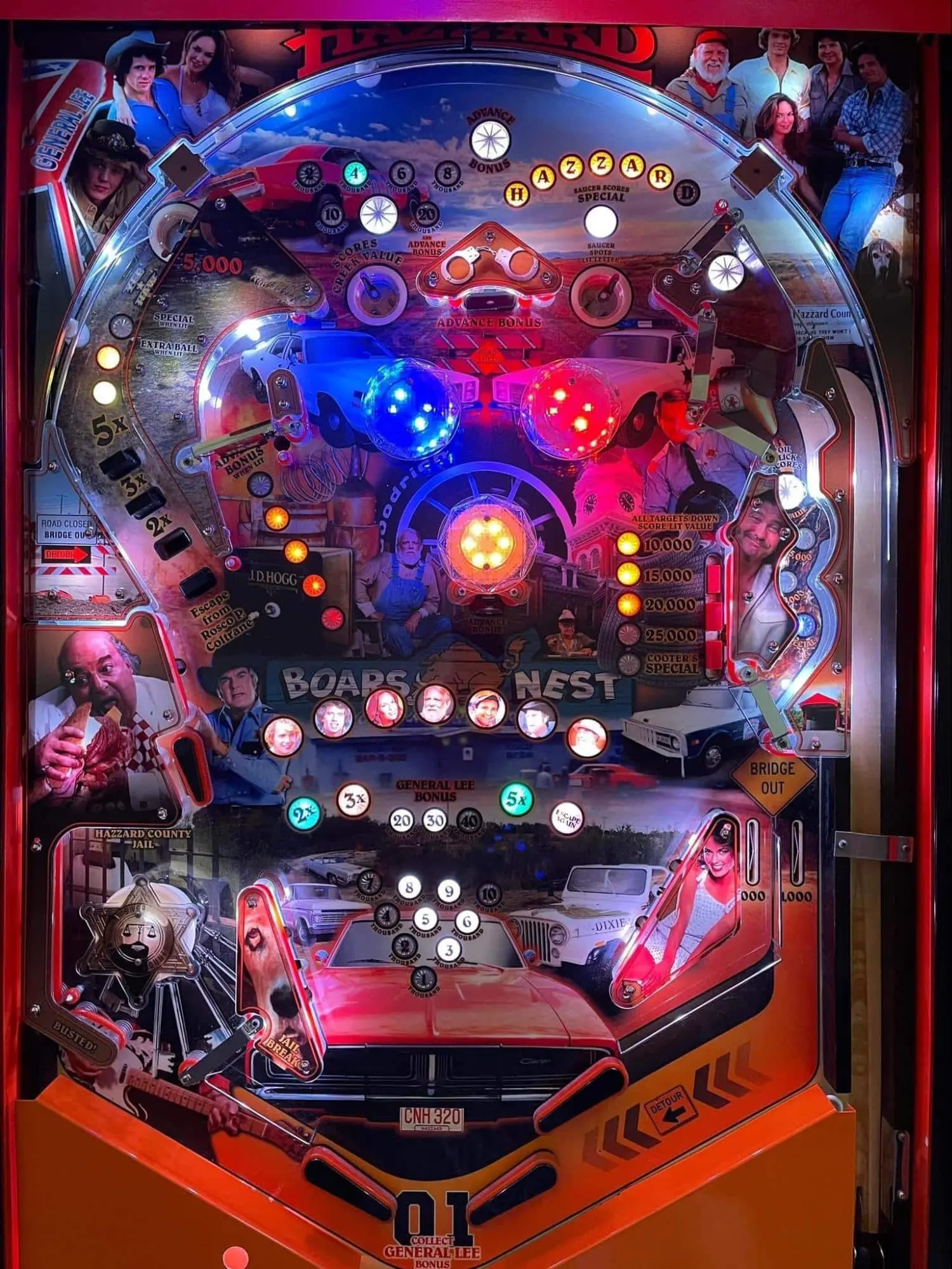 Dukes of Hazzard themed pinball machine with colorful lights and characters