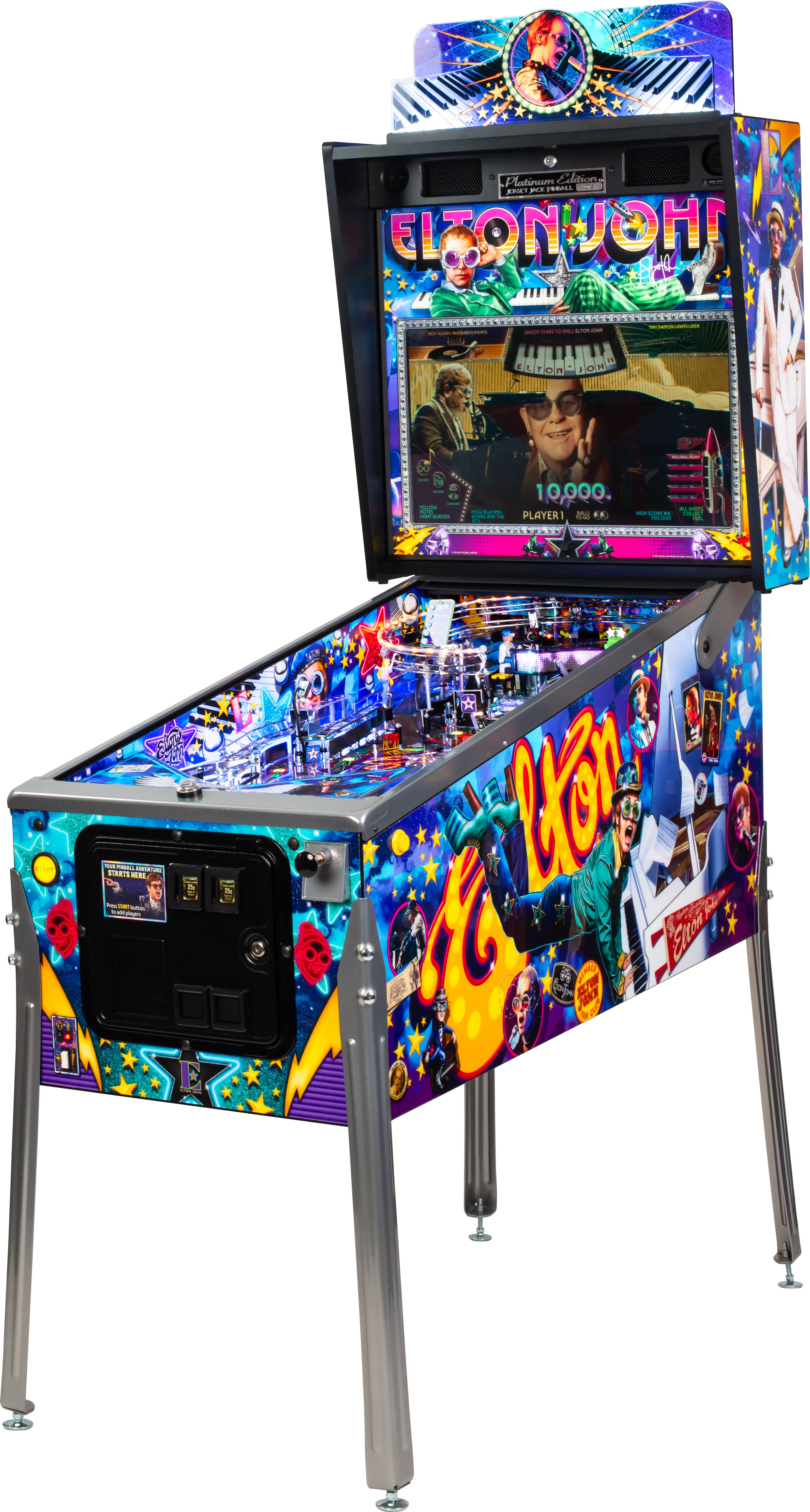Colorful Elton John-themed pinball machine with vibrant artwork and display
