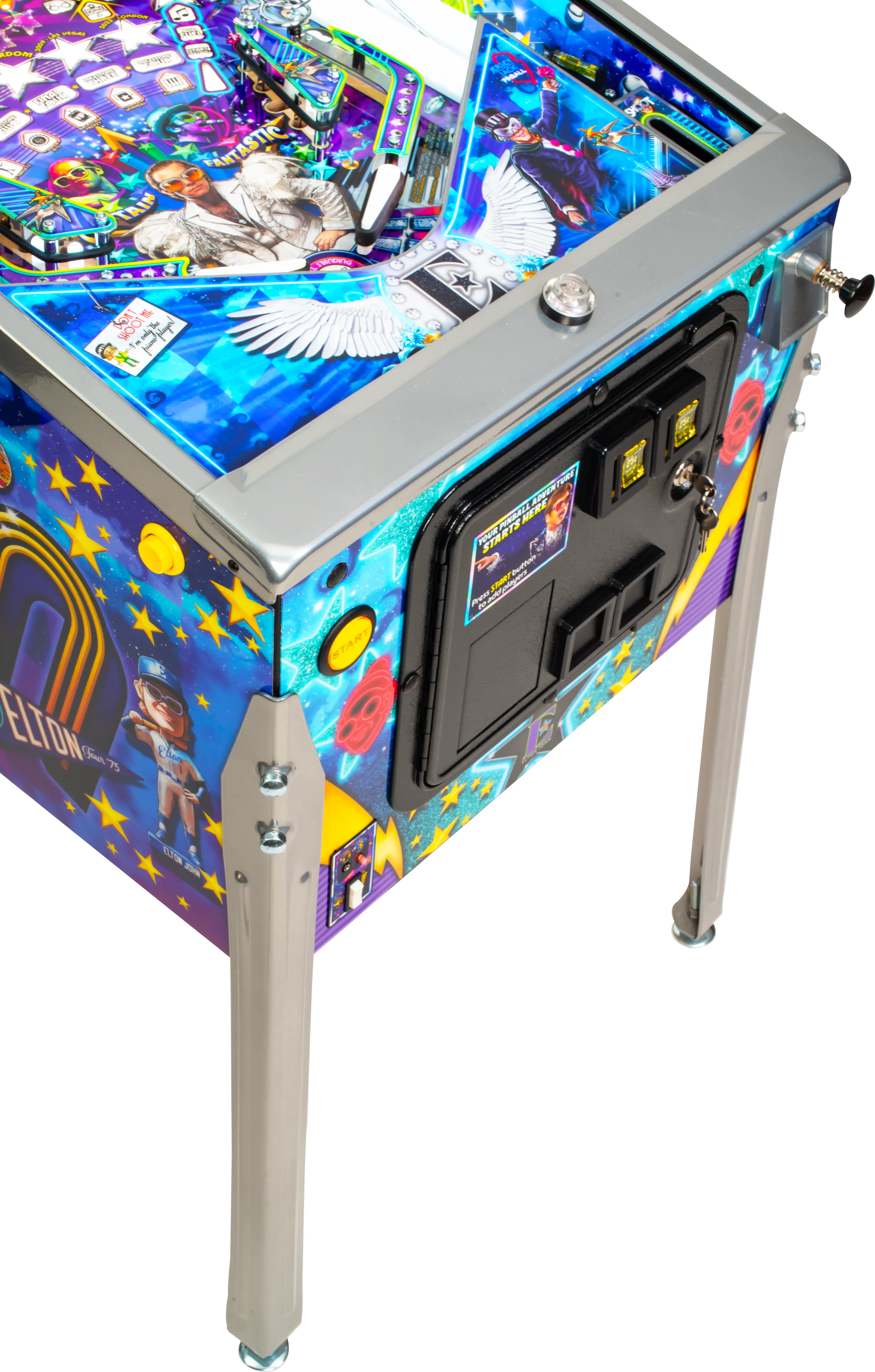 Colorful pinball machine with vibrant blue, purple, and yellow artwork