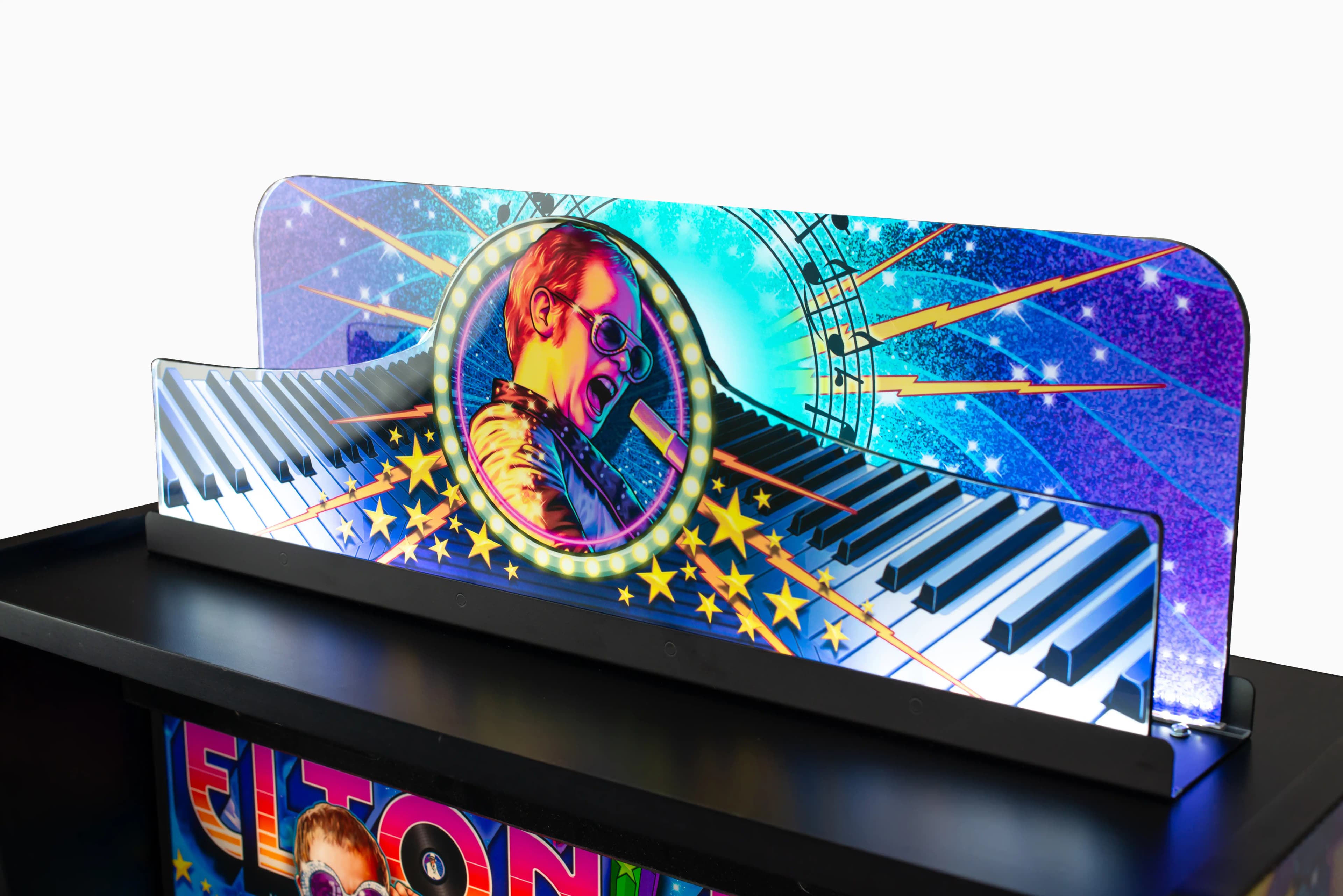 Colorful pop art display of musician with piano keys and starry background