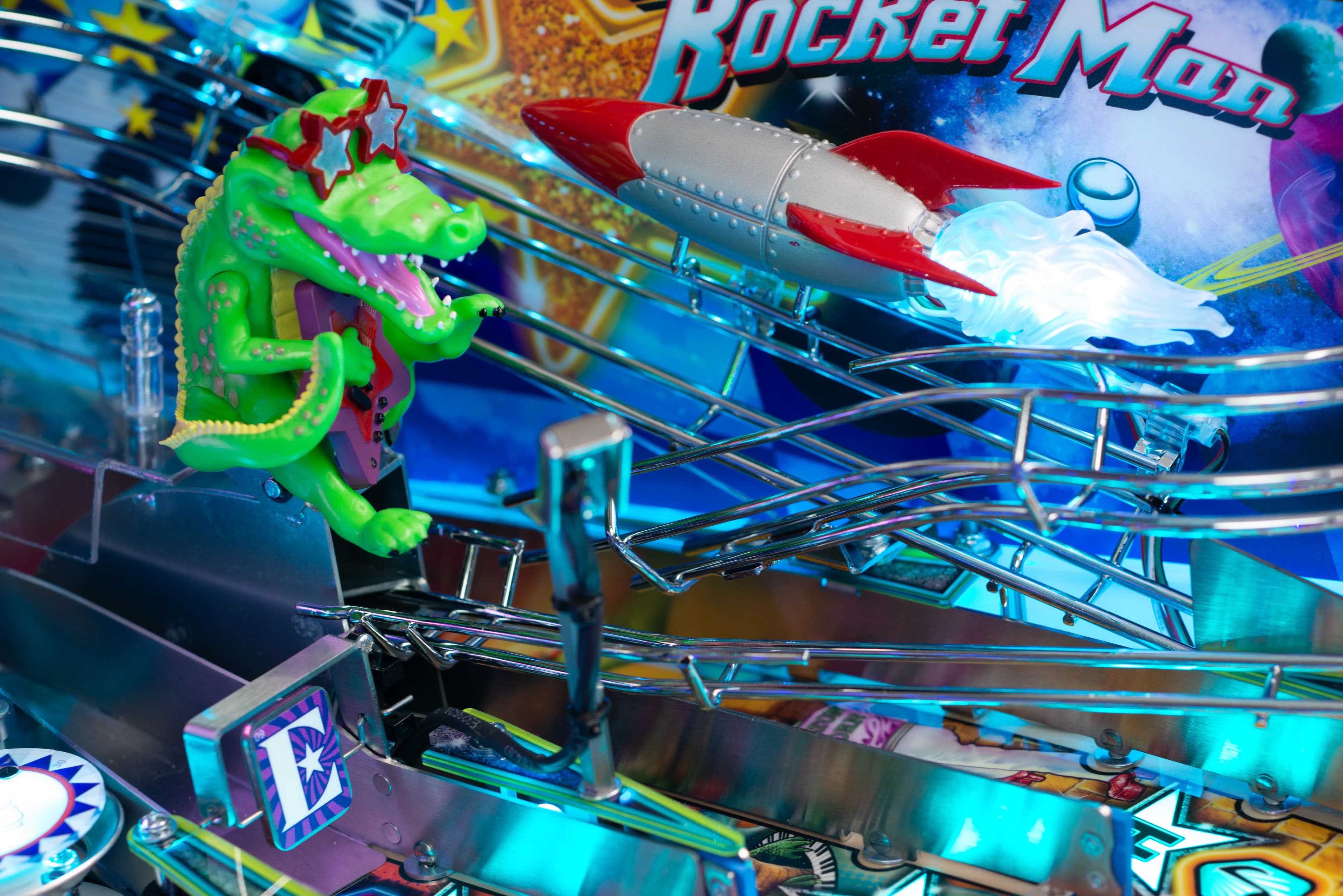 Rocket Man pinball machine with green dragon and silver rocket