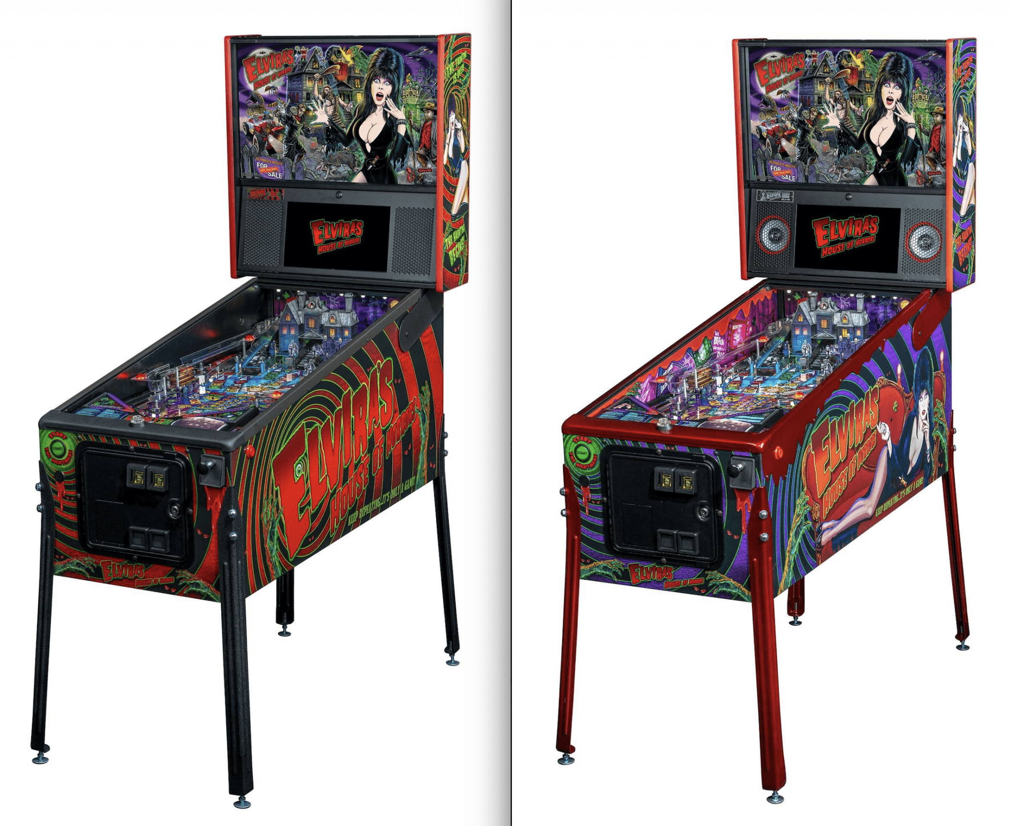 Elvira-themed pinball machine with colorful gothic horror artwork