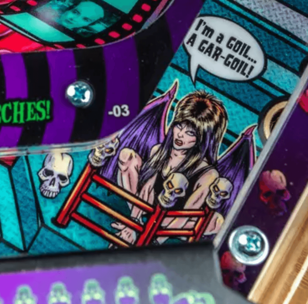 Winged gothic character with skulls and comic-style speech bubble