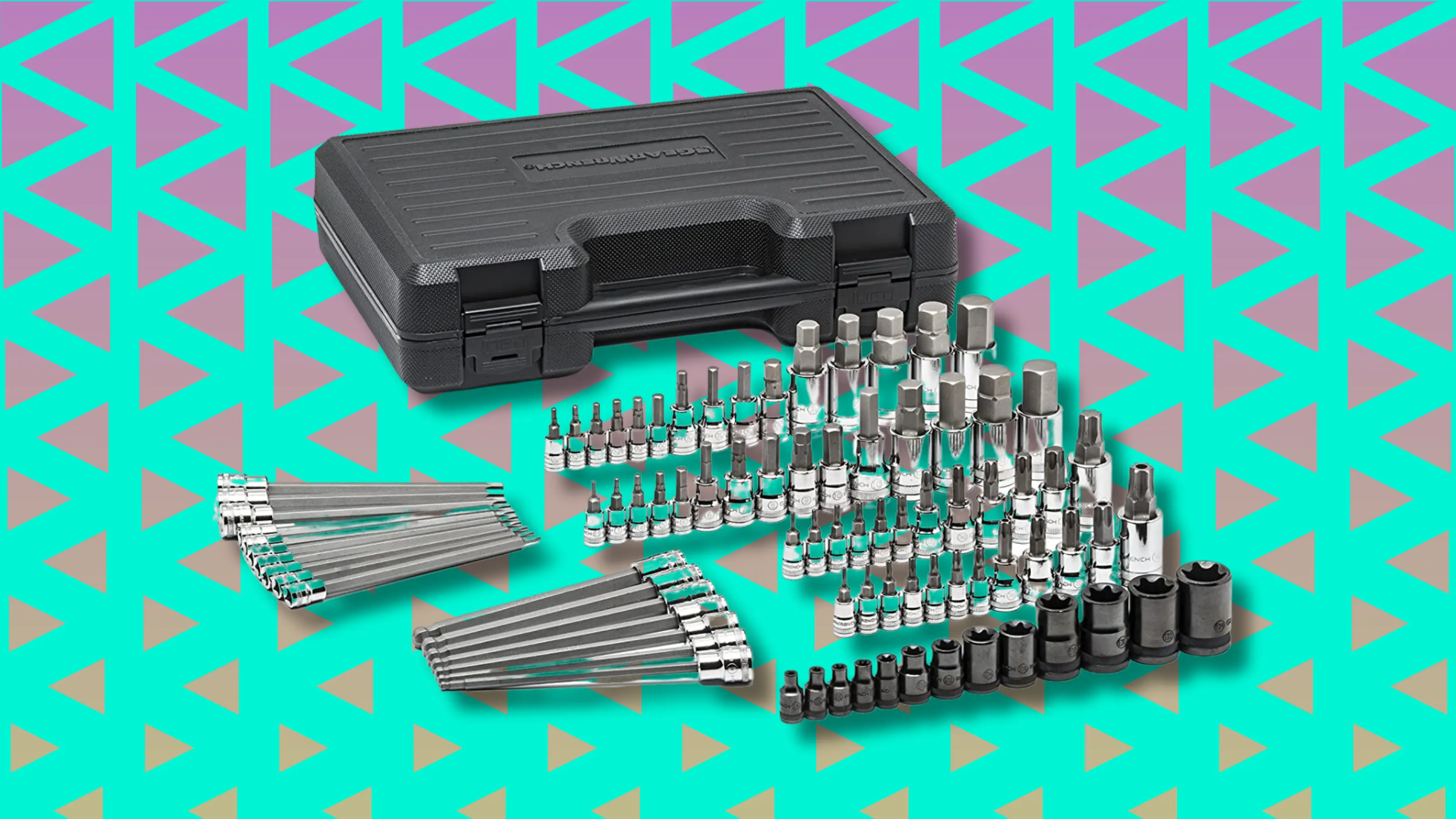 Professional tool set with socket bits, wrenches, and carrying case