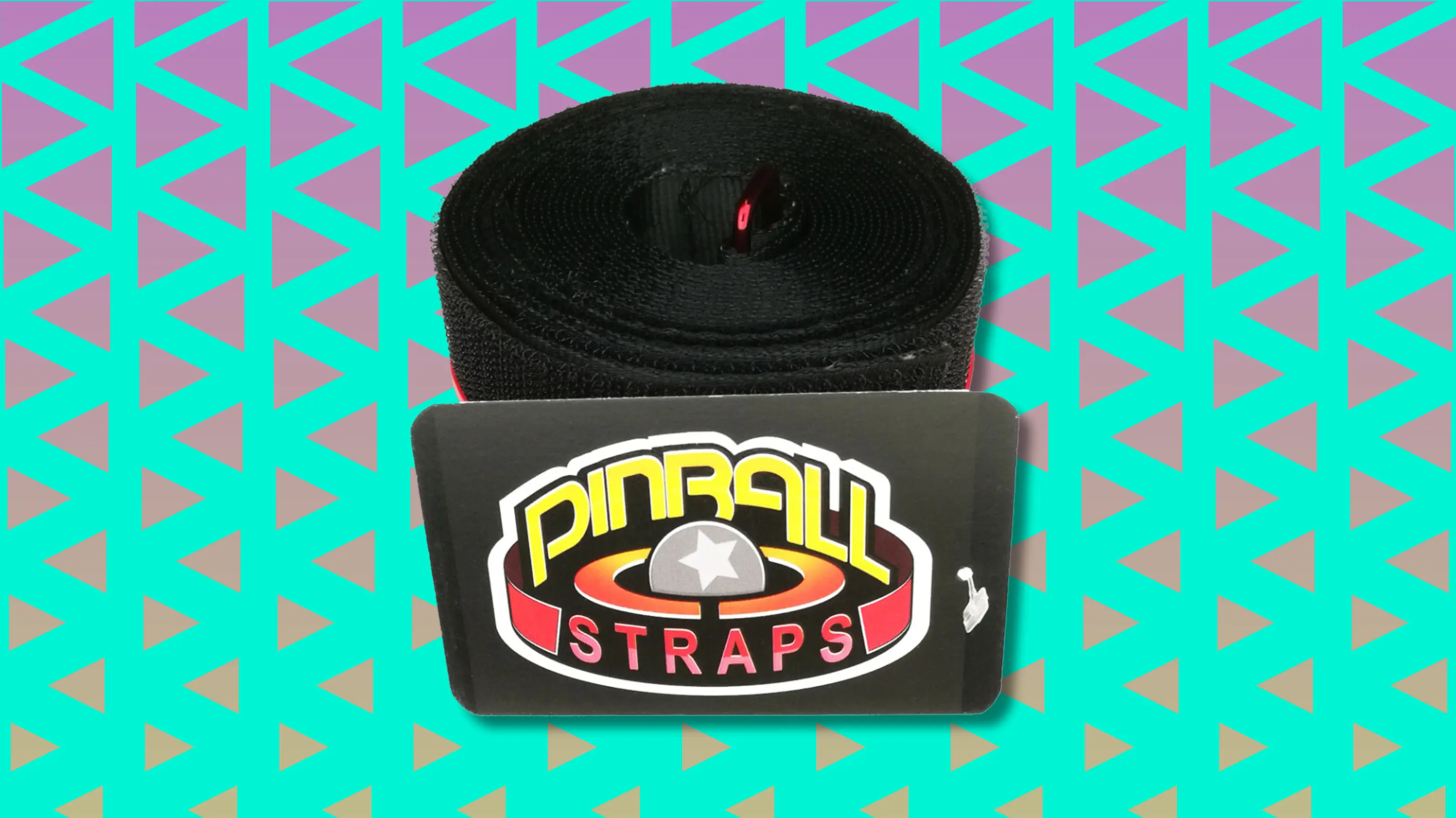 Black rolled Pinball Straps accessory with logo on geometric background