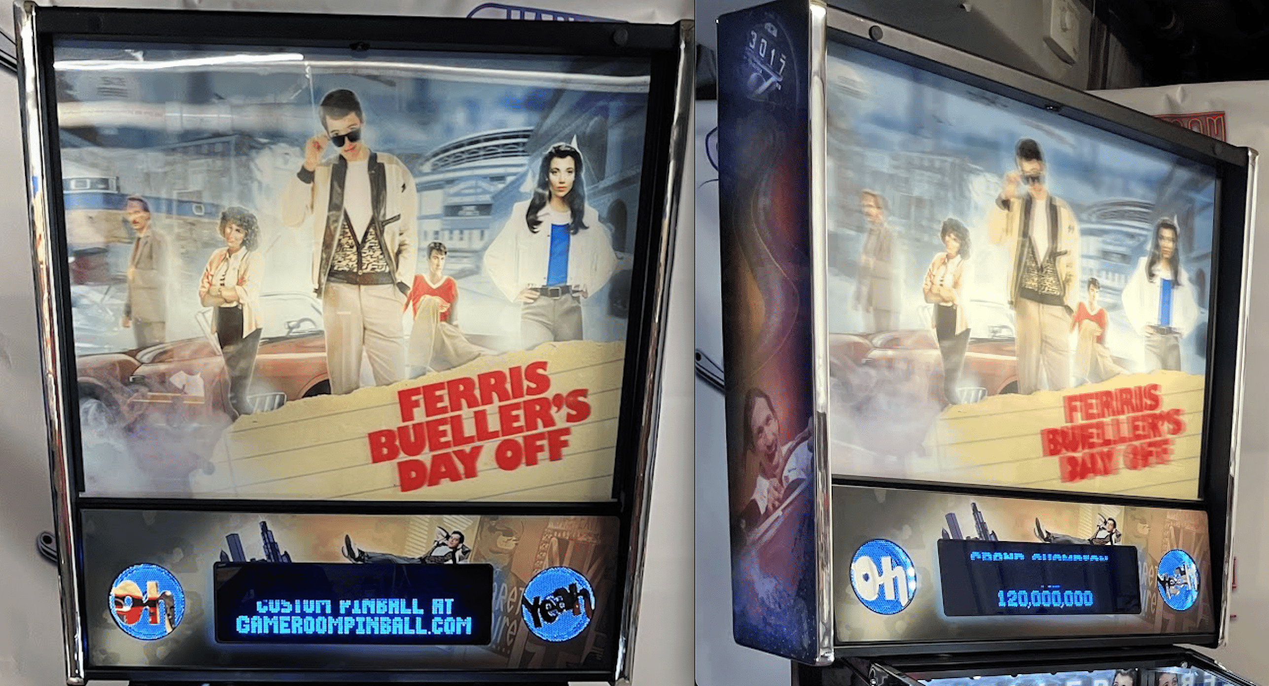 Ferris Bueller's Day Off movie poster on pinball machine display