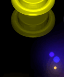 Yellow and blue glowing objects on dark background, minimalist design