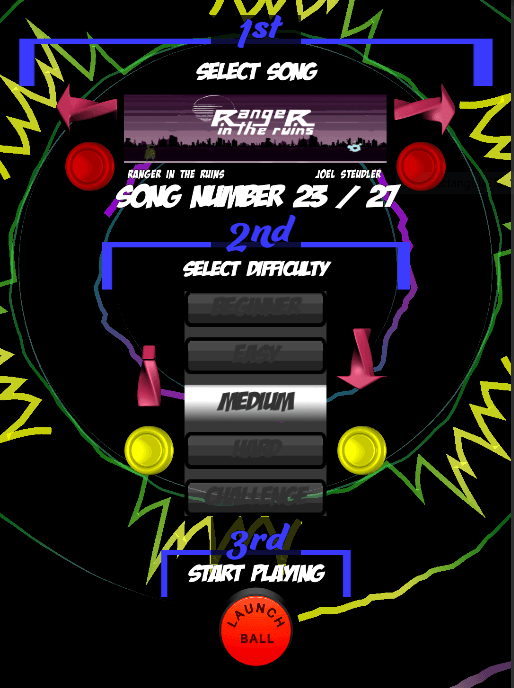 Rhythm game song selection screen with colorful buttons and difficulty settings