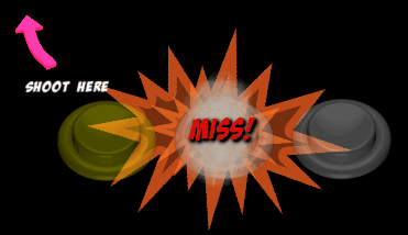 Comic-style explosion with "MISS!" text between two game elements