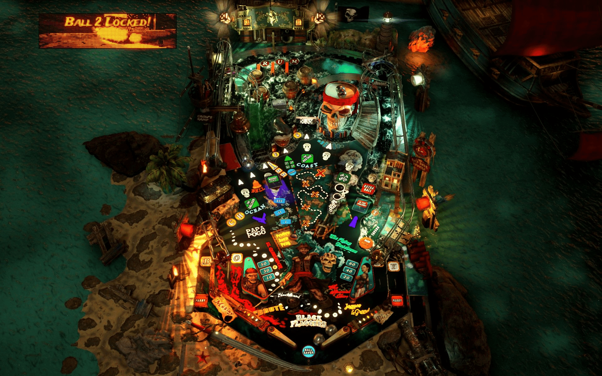 Detailed pirate-themed pinball machine with skulls, colors, and dynamic lighting