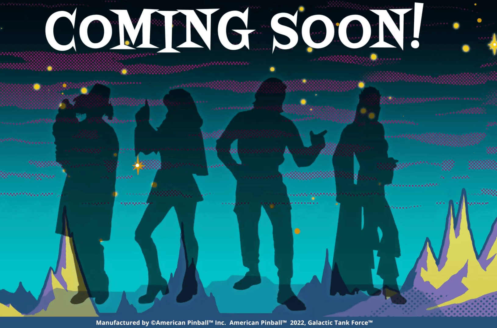 Silhouetted group with "Coming Soon!" text against starry cosmic background
