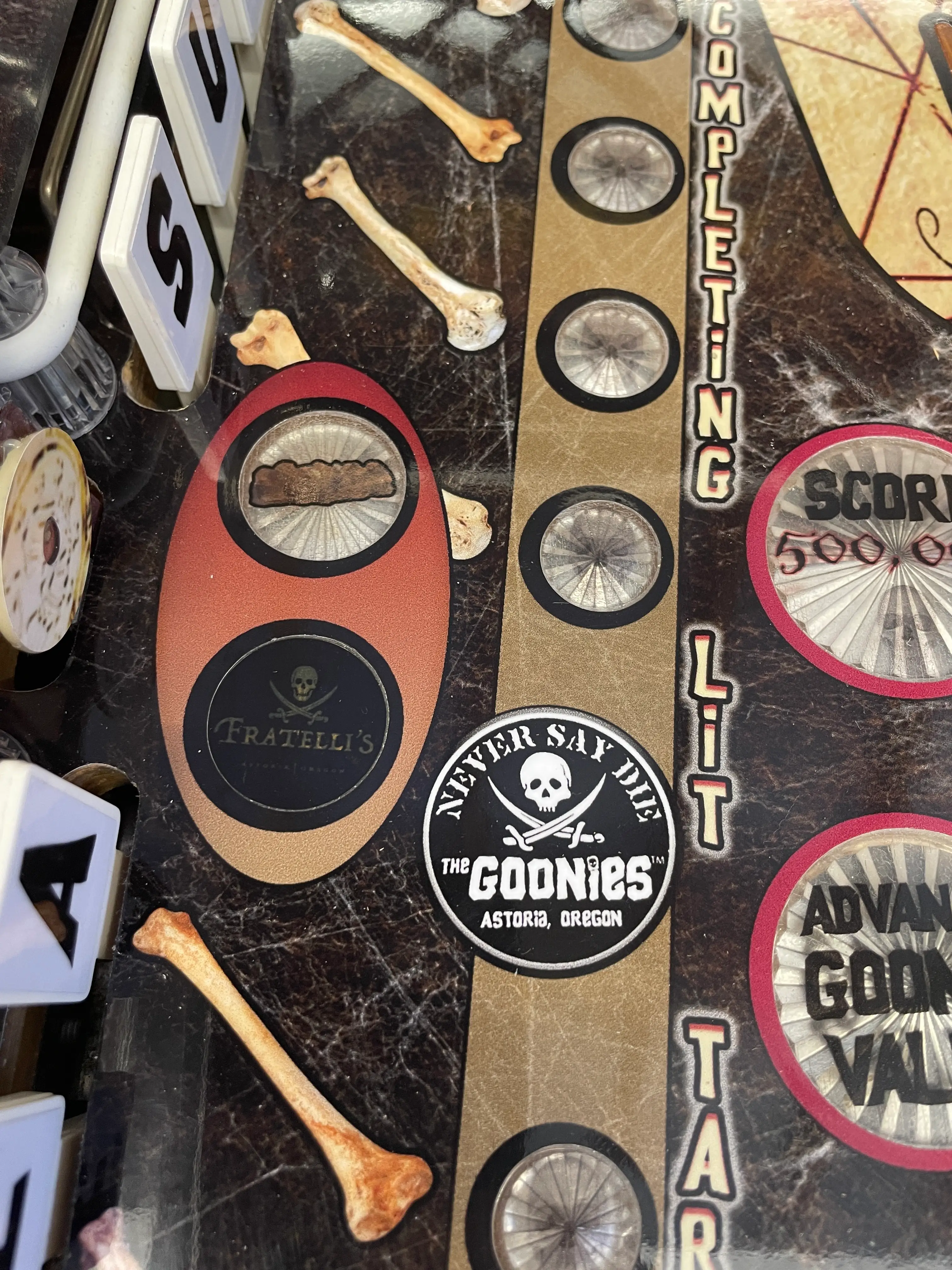 Goonies themed display with bones, logos, and scoring markers