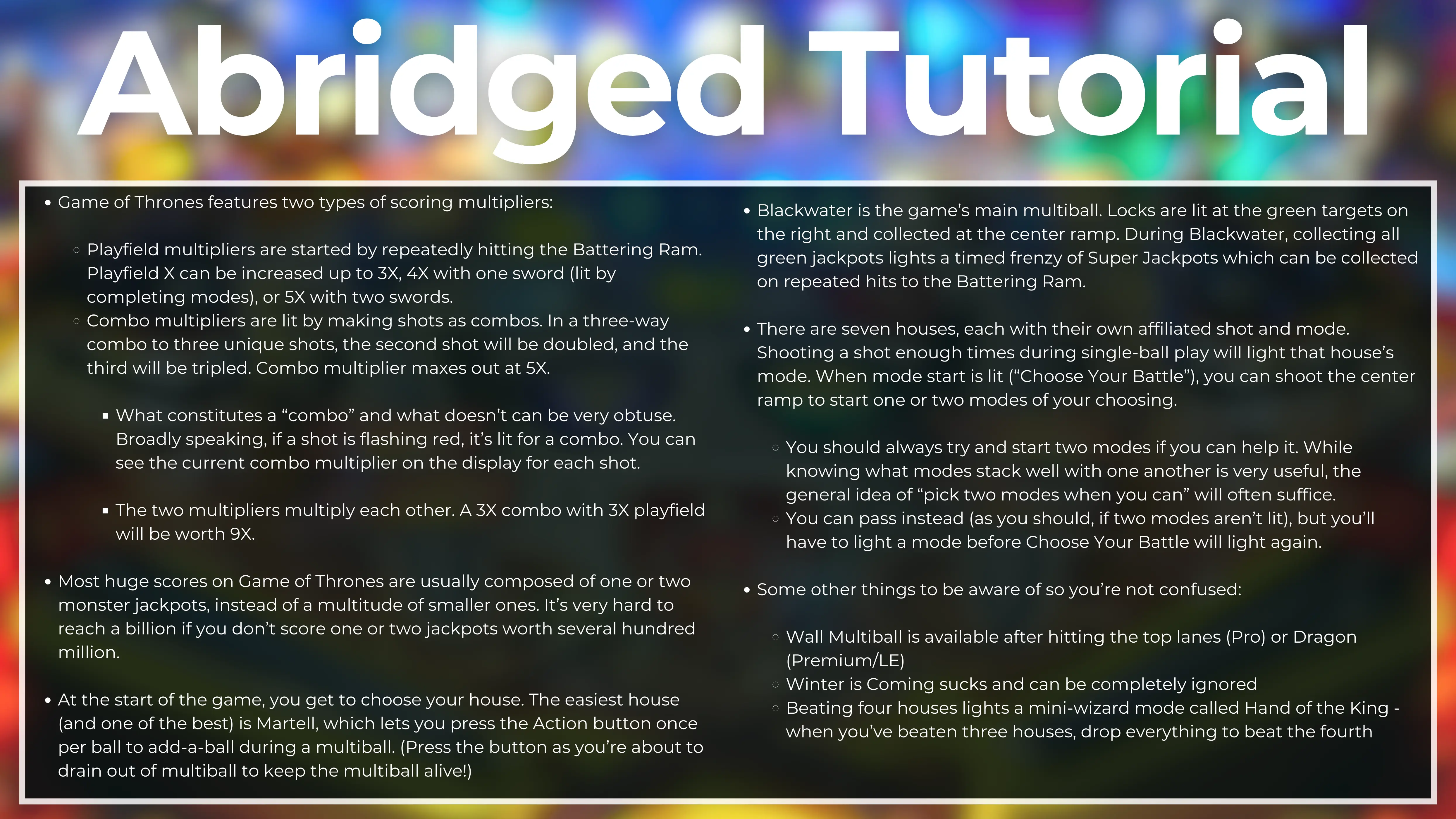 Game of Thrones pinball tutorial explaining scoring multipliers and gameplay