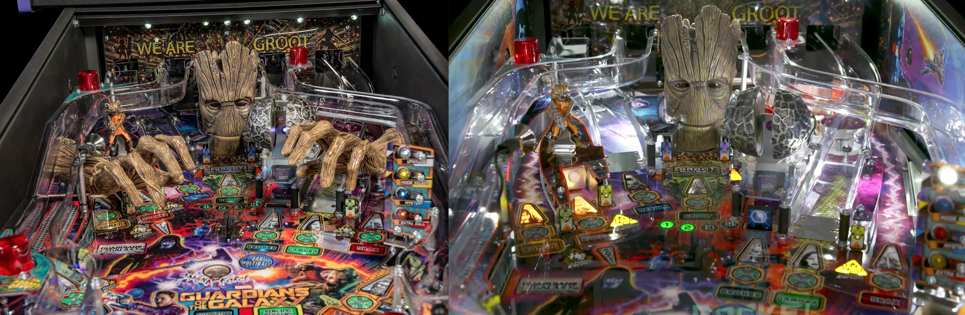 Guardians of the Galaxy pinball machine with detailed Groot figures