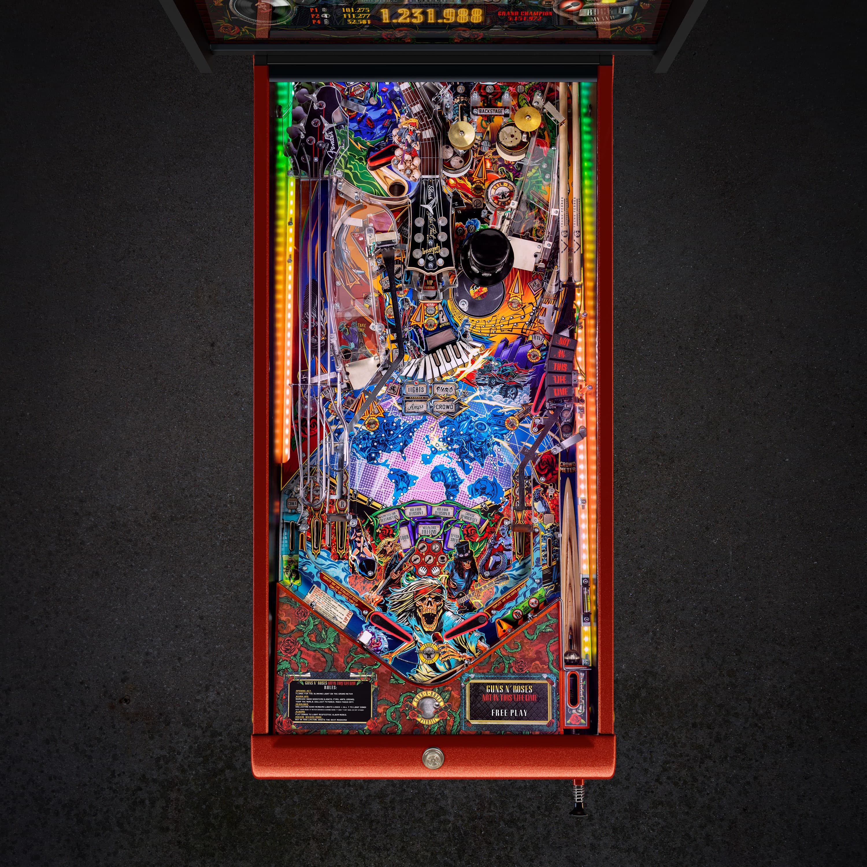 Guns N' Roses pinball machine playfield with colorful, intricate design