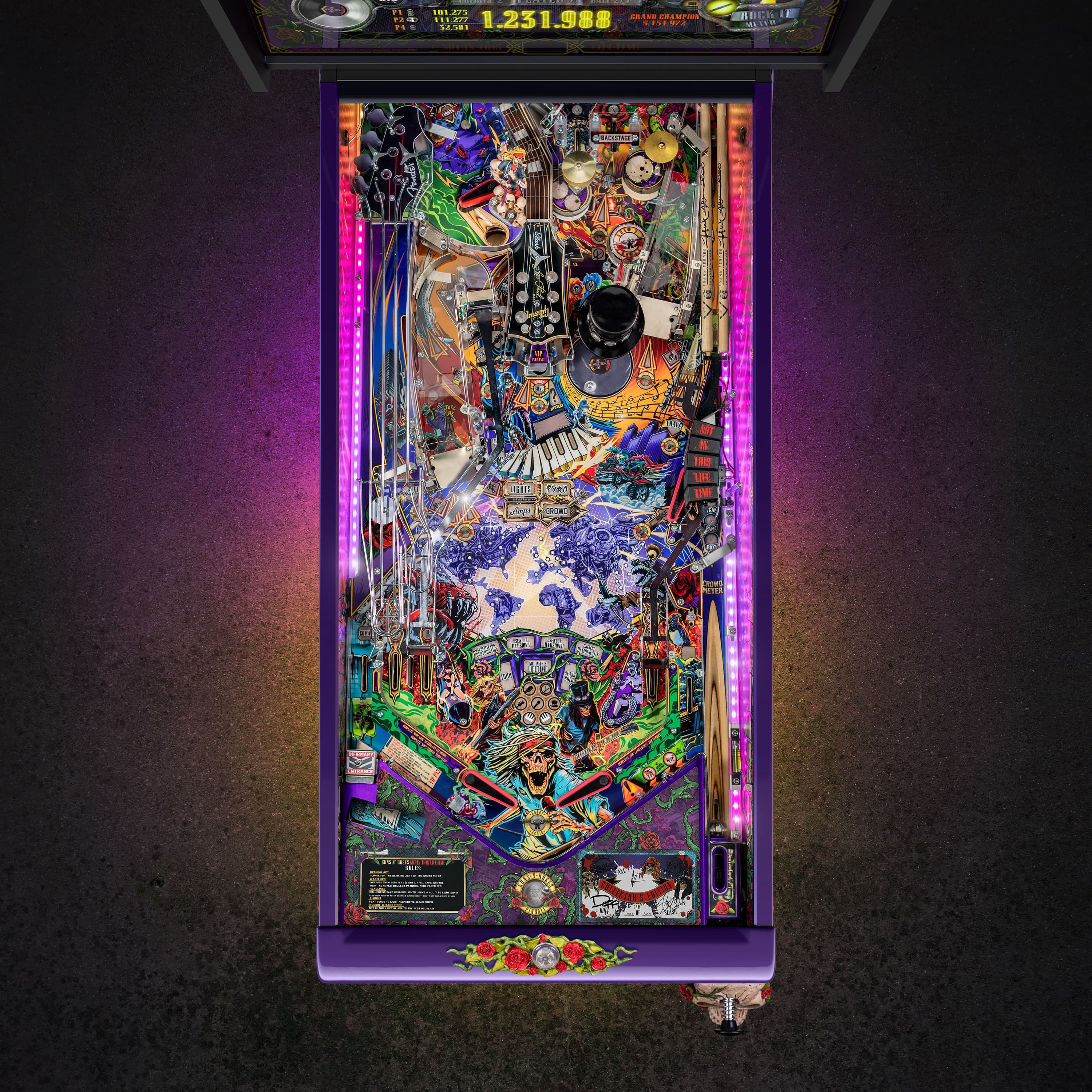 Colorful and intricate pinball machine playfield with musical and artistic elements