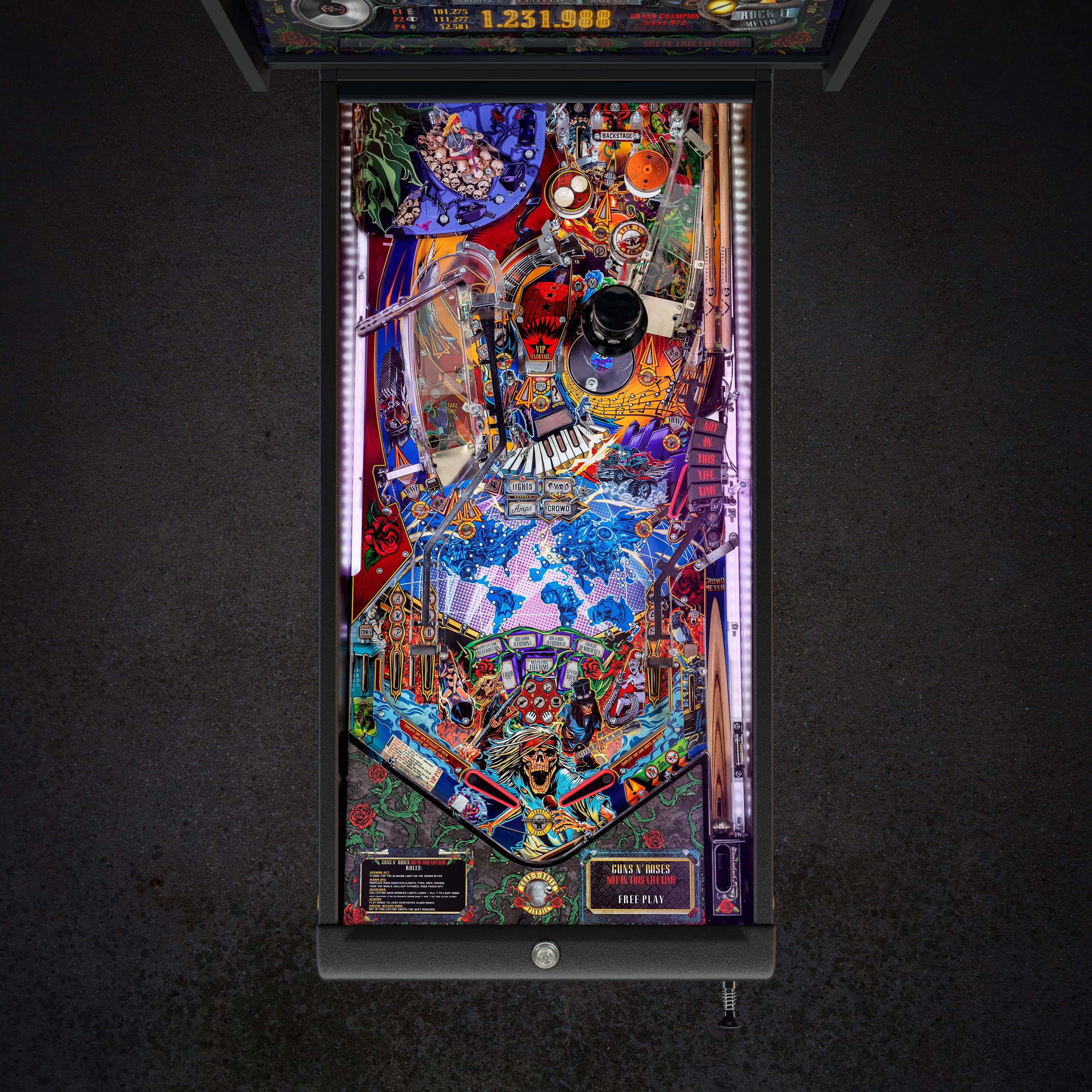 Colorful Guns N' Roses pinball machine playfield with vibrant artwork