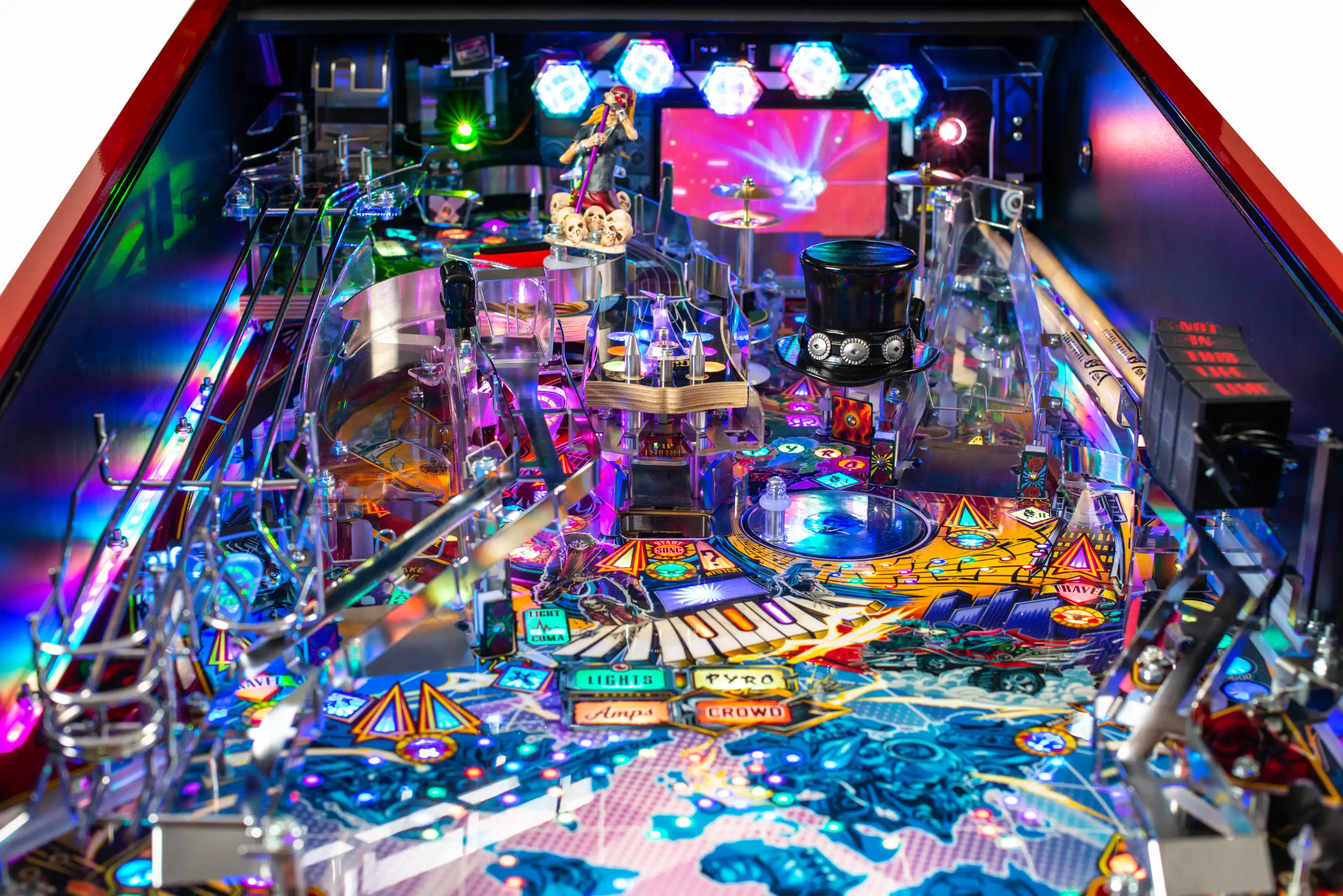 Colorful rock-themed pinball machine with vibrant lights and detailed playfield