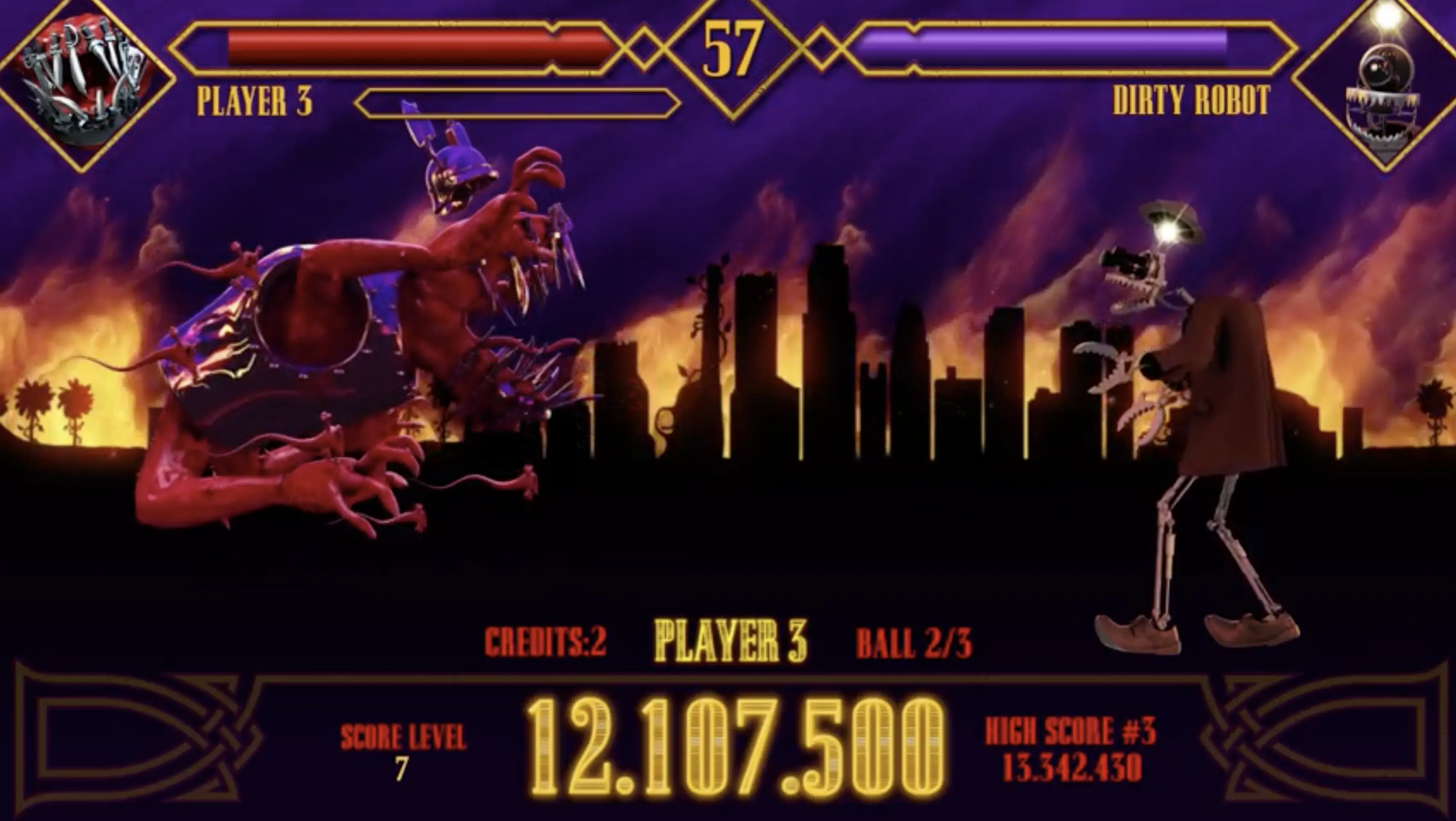 Arcade fighting game screen with monster robot battling in burning city
