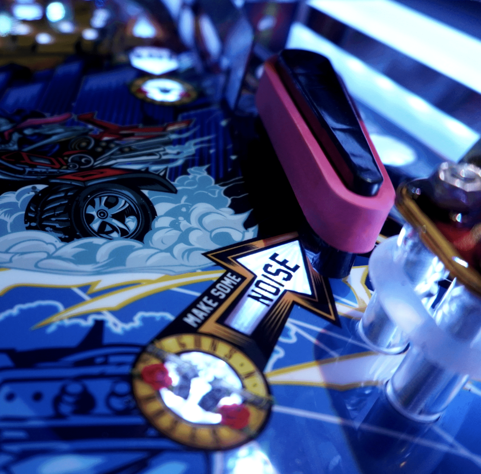 Futuristic design with car wheel, lightning arrow, and colorful geometric shapes